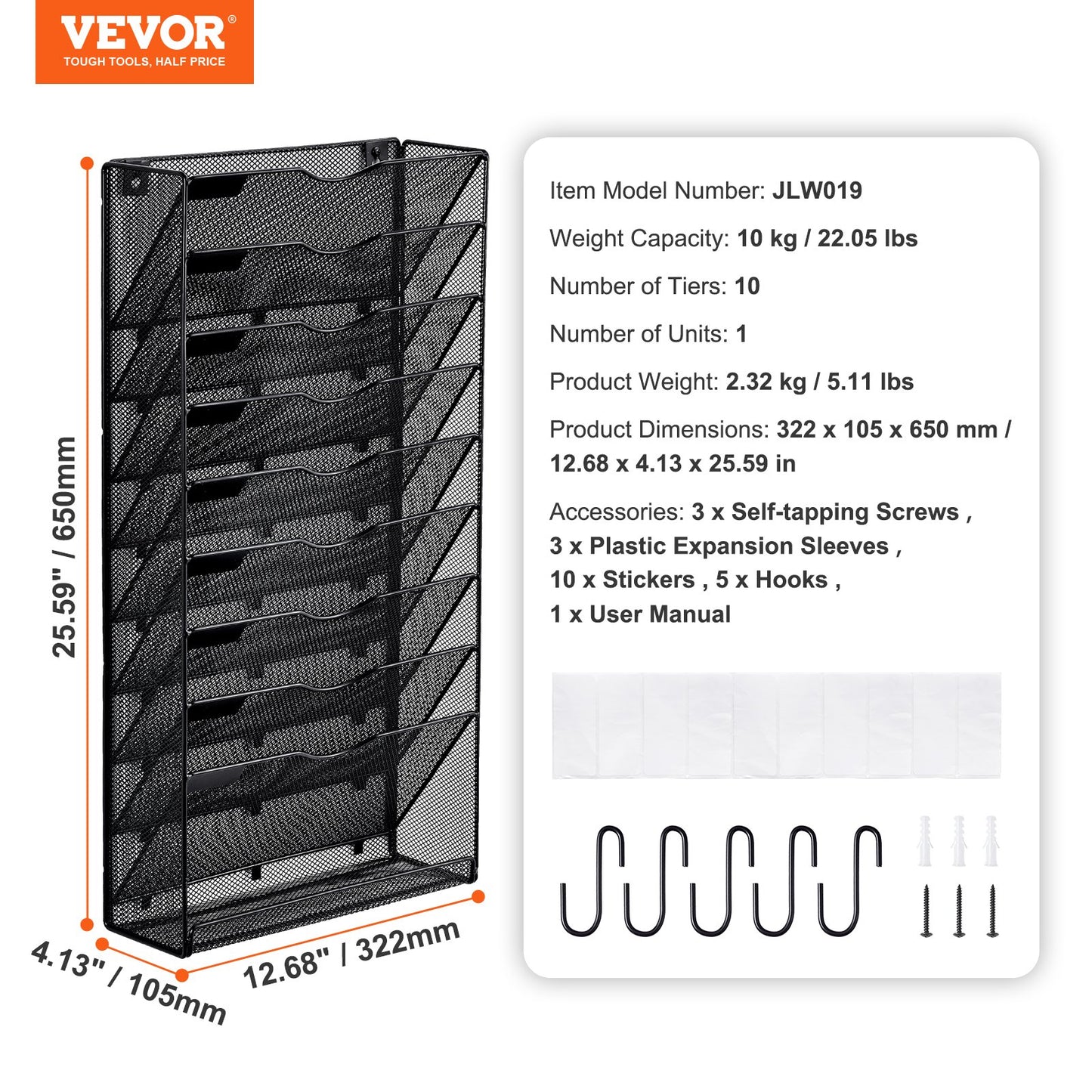 File Wall Rack, One-Piece 10 Pockets Mesh Wall File Holder, Wall Mounted Magazine Mail Paper & Document Storage Folder, Metal Wall File Organizer with Nametag Label, for Office Home & School