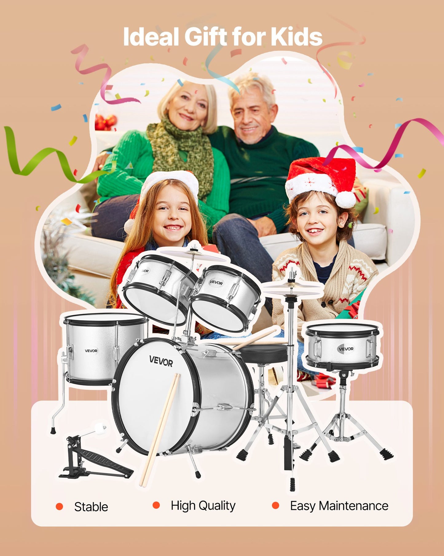 Barntrumset, 5-delars 16 tum / 406,4 mm juniortrumset, trumset för nybörjare med justerbar tron och två par trumstockar, musikaliskt lärande trumset, för barn i åldrarna 6-13 (silver)