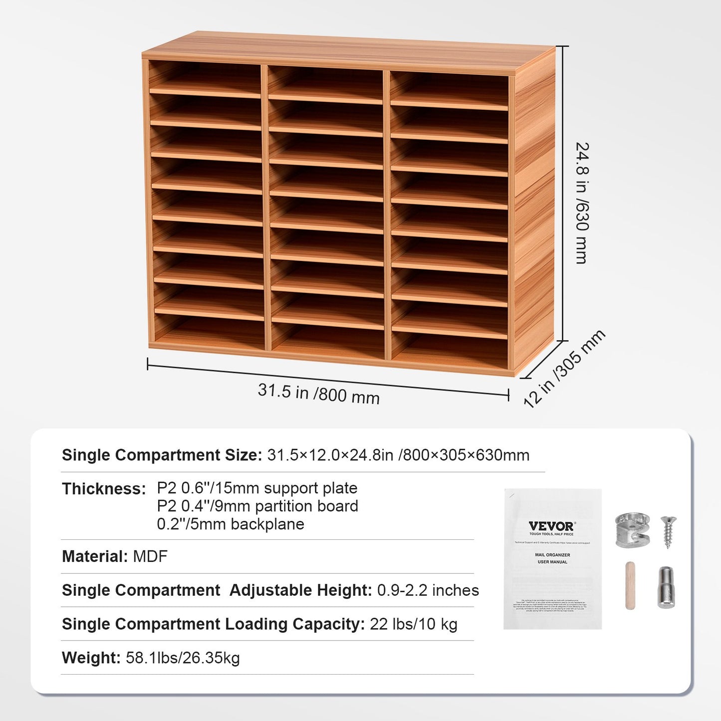 27 Compartments Wood Literature Organizer, Adjustable Shelves, Medium Density Fiberboard Mail Center, Office Home School Storage for Files, Documents, Papers, Magazines, White