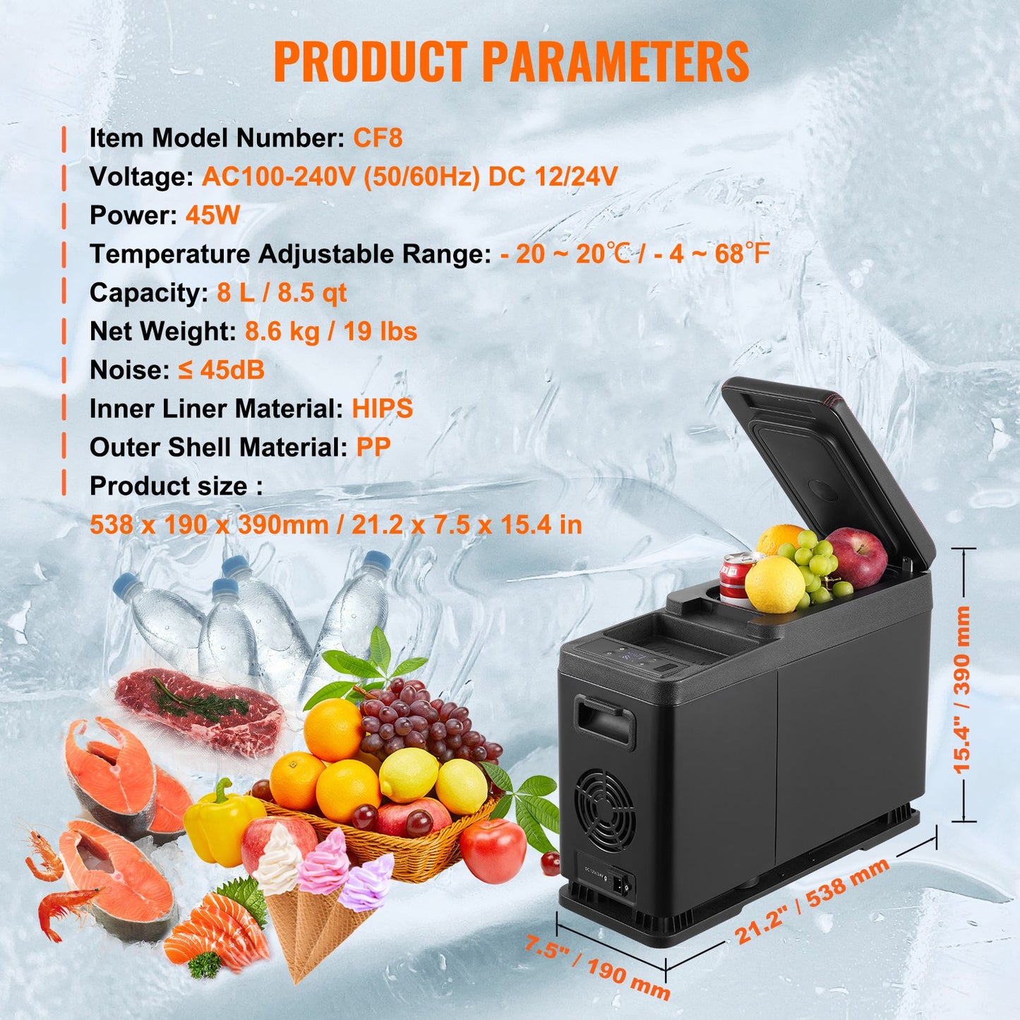 Car Refrigerator, 12 Volt Car Armrest Refrigerator Fridge, 8 L Single Zone Portable Freezer, -4℉-68℉ Adjustable Range, 12/24V DC and 100-240V AC Compressor Cooler for Outdoor, Camping