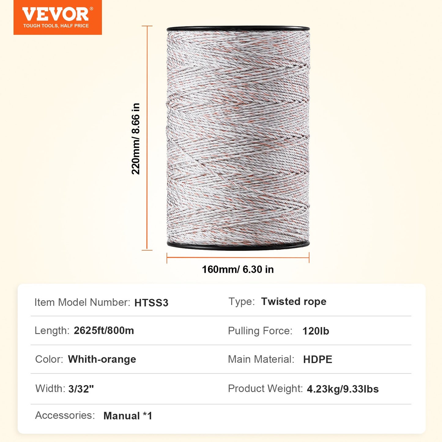 Electric Fence Wire, 2625Ft 800M Portable Polywire, 3/32" Diameter 9 Mixed Metal Strands for Reliable Conductivity and UV, Rust Resistance, Fencing Rope Line for Horse, Cattle, Livestock