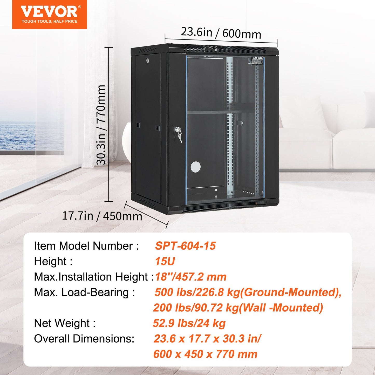 15U Wall Mount Network Server Rack Cabinet Enclosure 45.7cm Depth Glass Door Lock