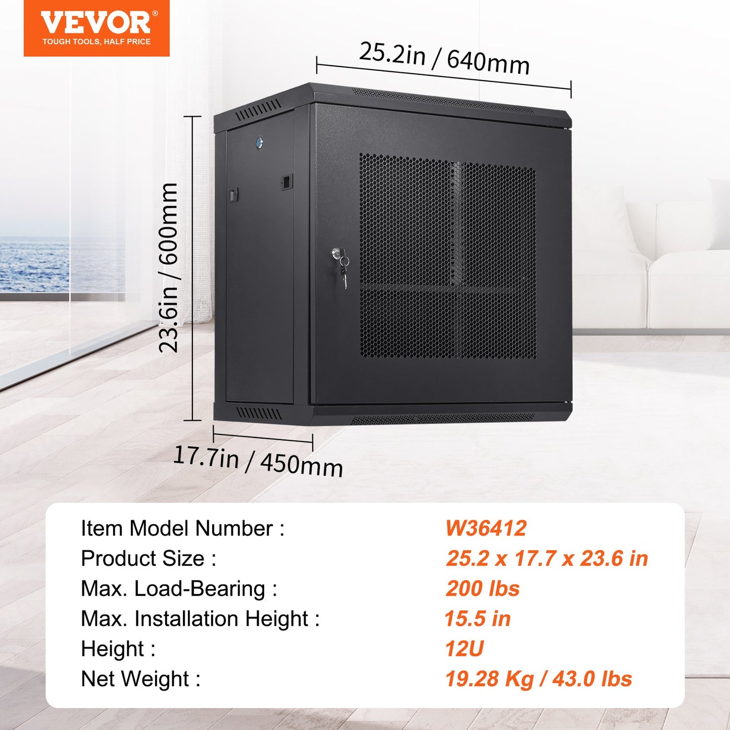 12U Wall Mount Network Server Cabinet, 39.4cm/15.5" Deep, Server Rack Cabinet Enclosure, 90kg/200 lbs Max. Ground-mounted Load Capacity, with Locking Door Side Panels, for IT Equipment, A/V Devices