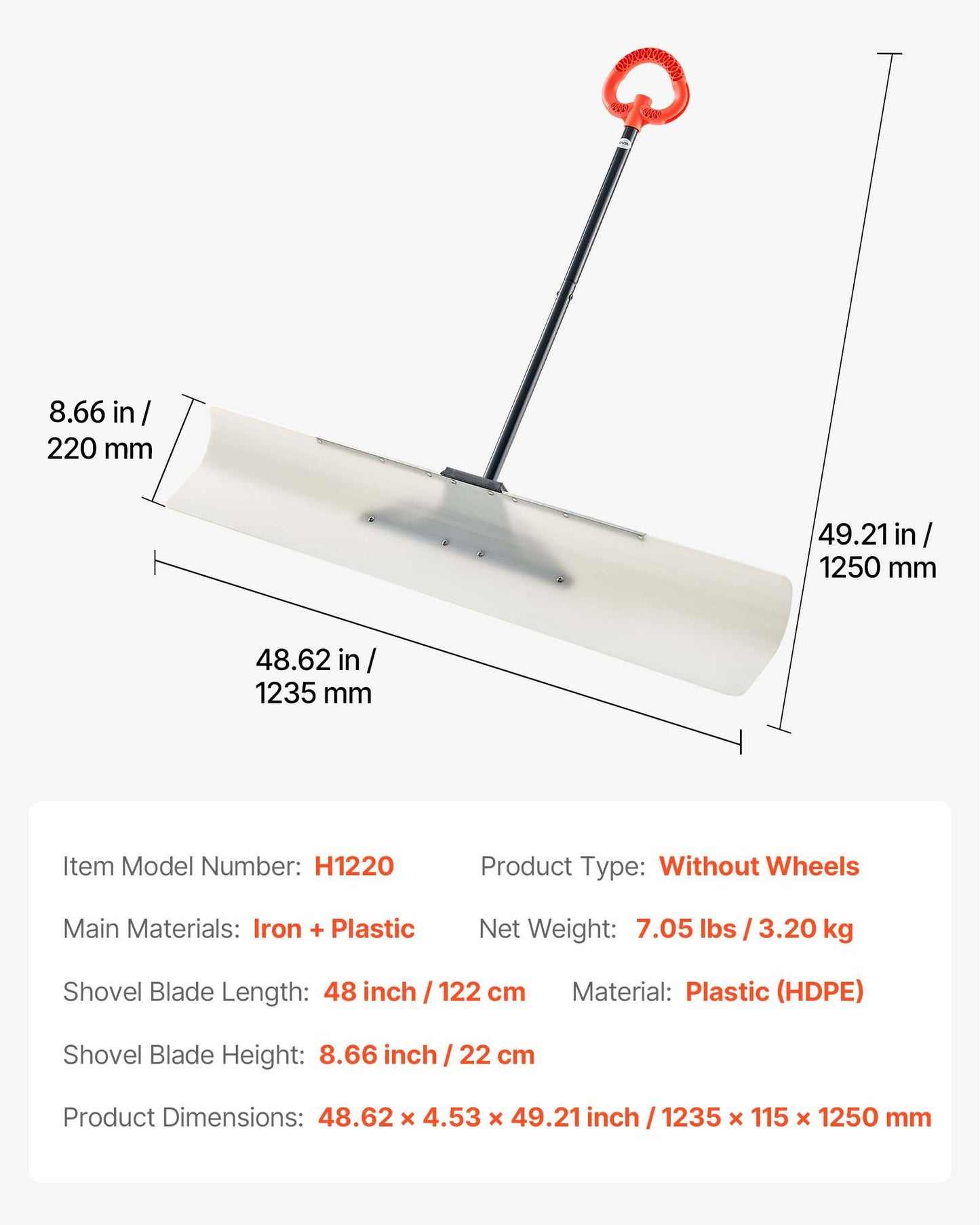 Snow Pusher Shovel, 122cm Outdoor Snowplow Shovel with Ergonomic Grip, HDPE Plastic Blade, Winter Shovels with Segmented Handle, Metal Edged Strip, Portable Snow Removal Tool for Driveway Garden