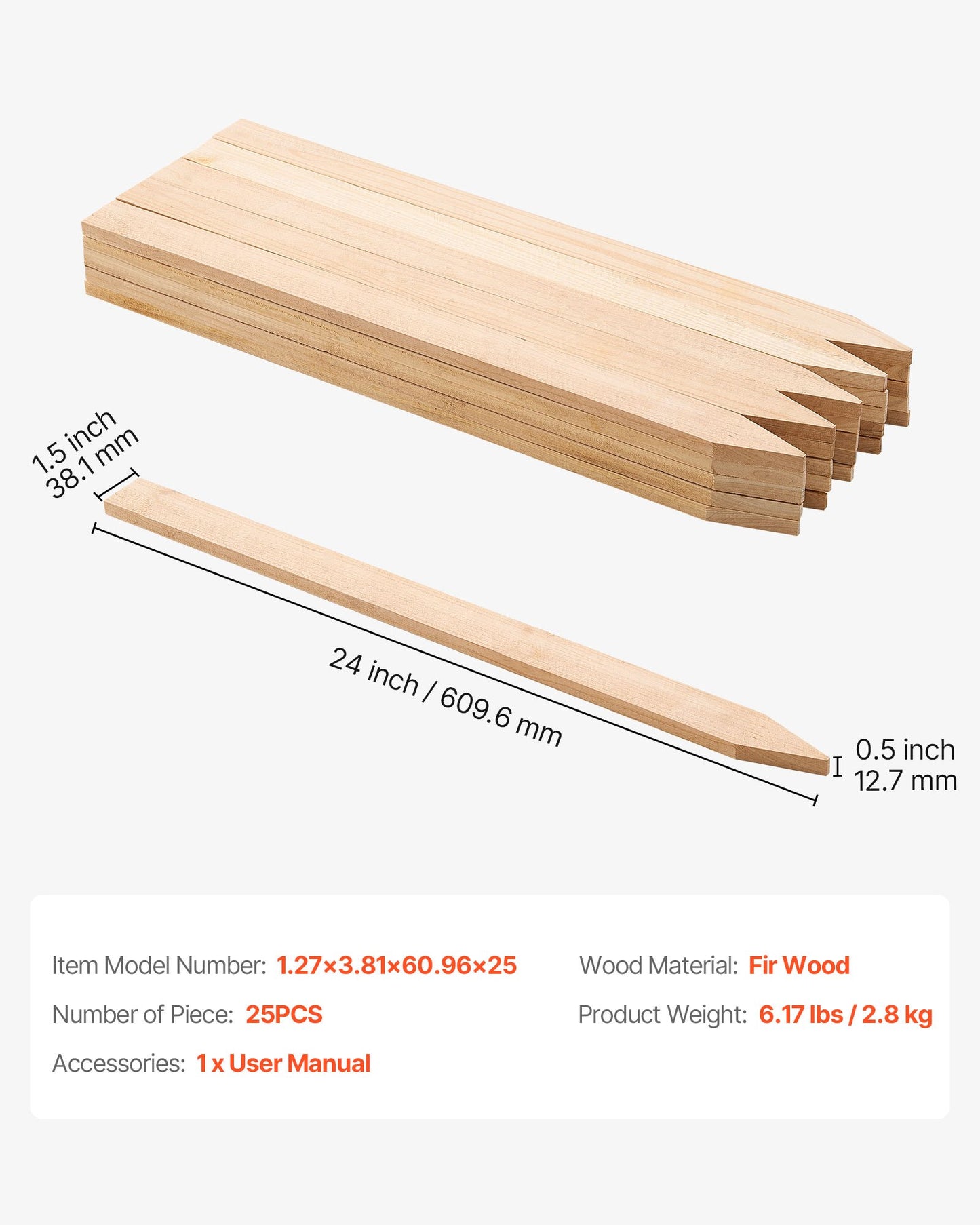 Wooden Garden Stakes, 25 Pcs 12.7×38.1×609.6 mm Survey Grading Stakes, Garden Ground Stake with Sharp Point, Fir Wood Plant Support Stake, Sign Posts for Silt Fence Yard Boundaries Baselines