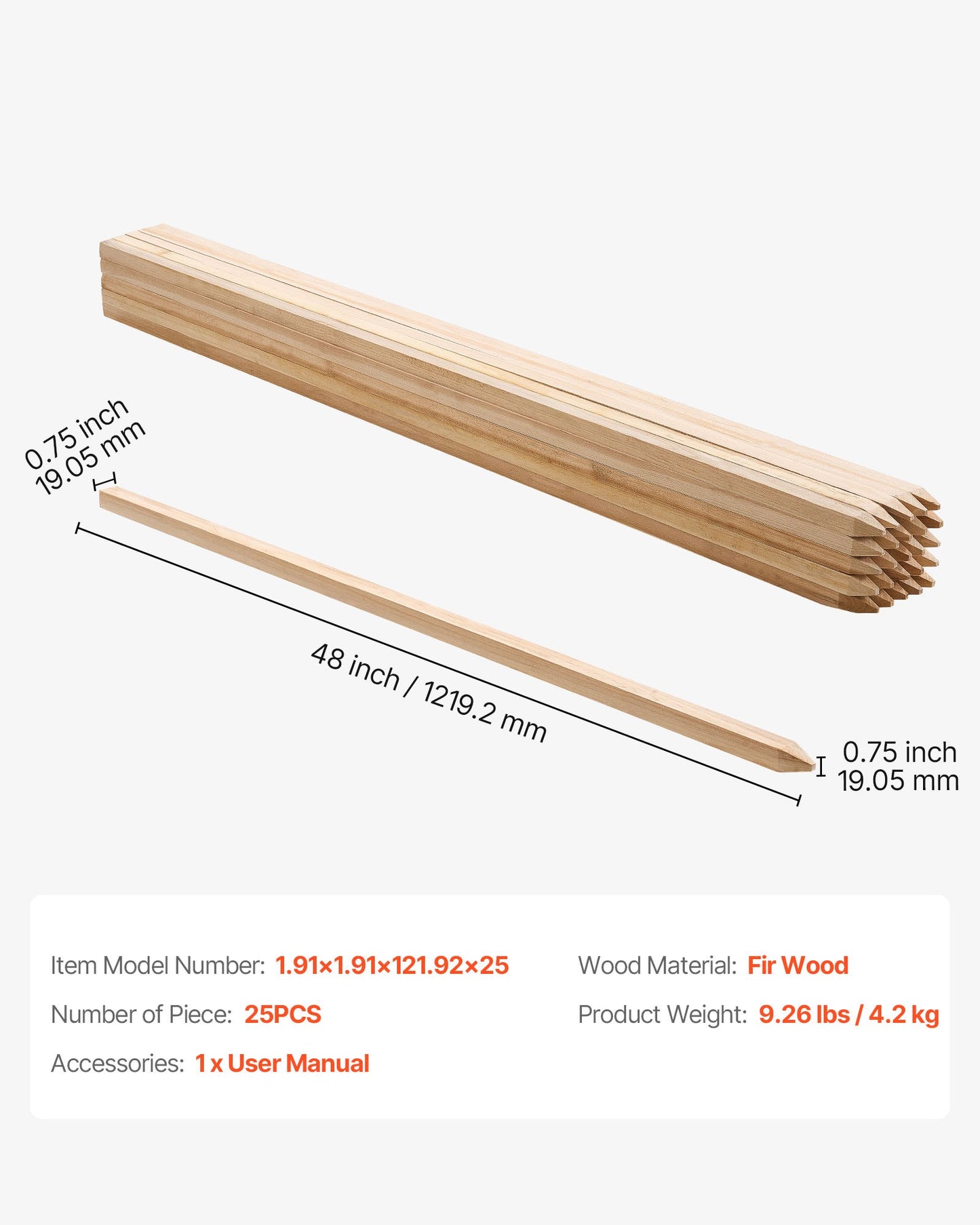 Trädgårdsstöttor i trä, 25 st 19,05×19,05×1219,2 mm, nivåstöttor för mark, markstöttor för trädgårdsväxter med vass spets, skyltstolpar för slamstaket och gårdsgränser