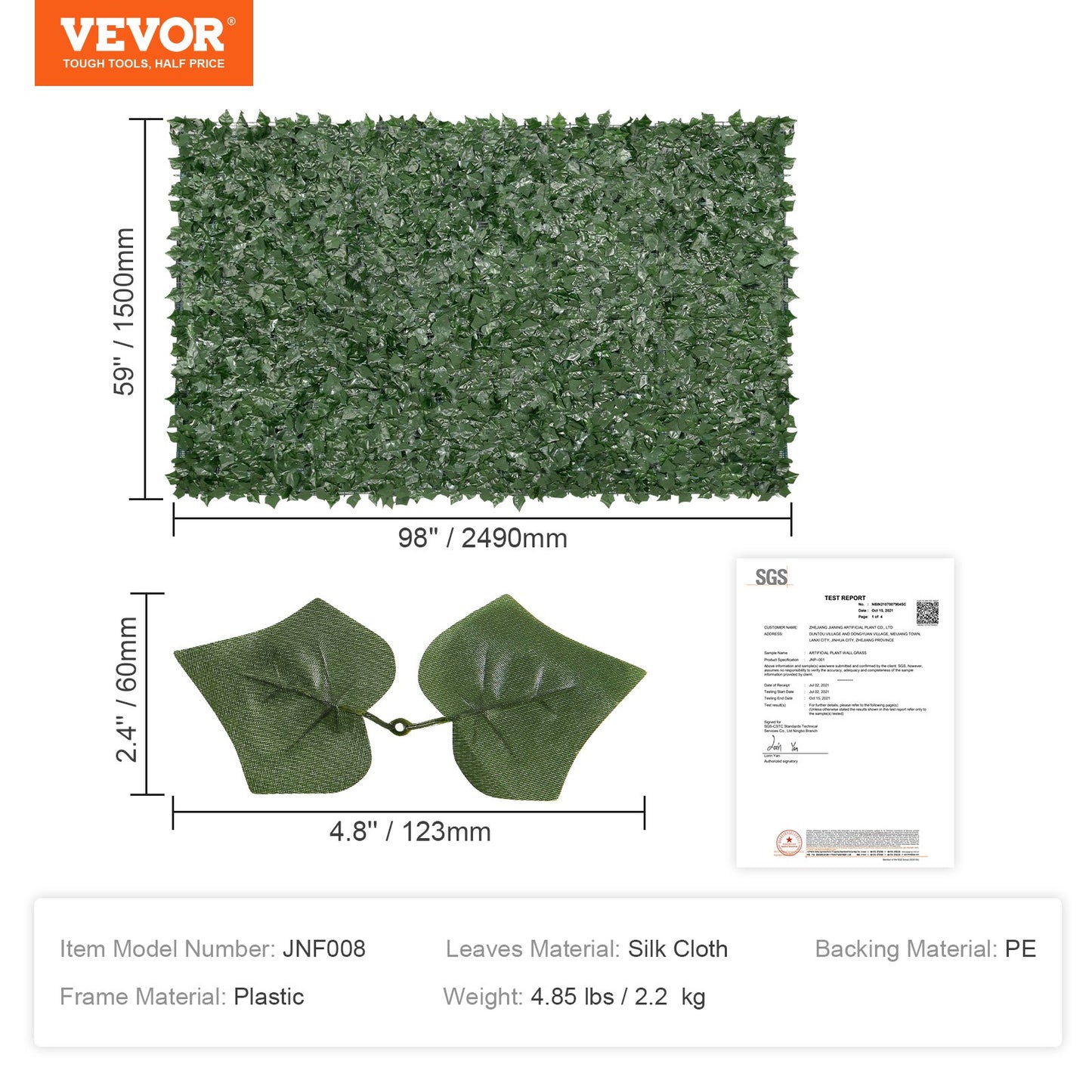 Ivy Privacy Fence, 1.5 x 2.5m Artificial Green Wall Screen, Greenery Ivy Fence with Mesh Cloth Backing and Strengthened Joint, Faux Hedges Vine Leaf Decoration for Outdoor Garden, Yard, Balcony