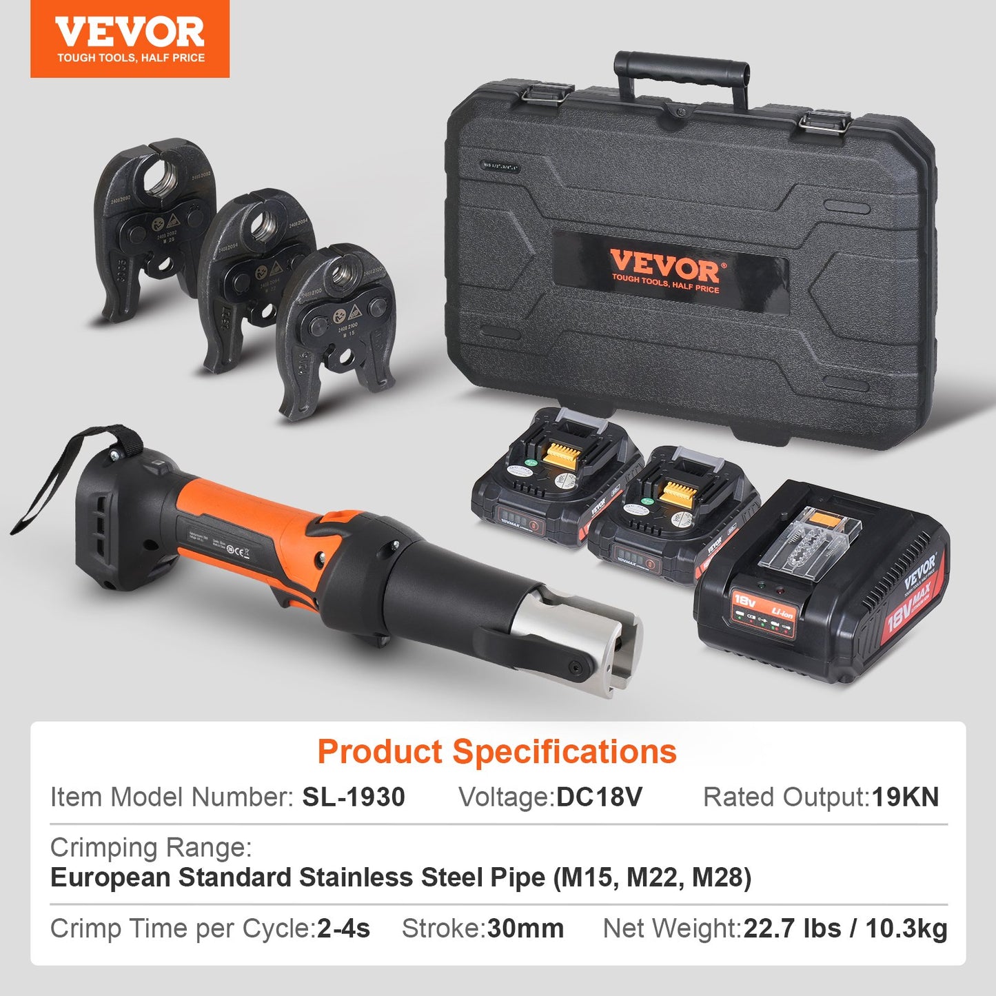 Press Tool and Battery Kit, Pro Press Tool, Electric Pipe Crimping Tool with M15, M22, M28 Jaws, Press Tool Kit with 2pcs 18V 2.0Ah Battery, Fast Charger, and Carrying Case