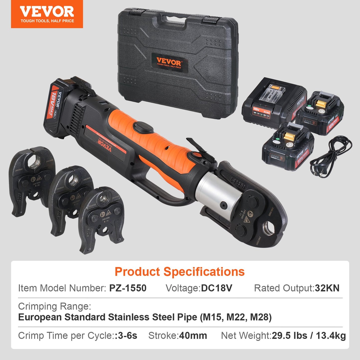 Press Tool and Battery Kit, Pro Press Tool, Electric Pipe Crimping Tool with M15, M22, M28 Jaws, Press Tool Kit with 2pcs 18V 4.0Ah Battery, Fast Charger, and Carrying Case