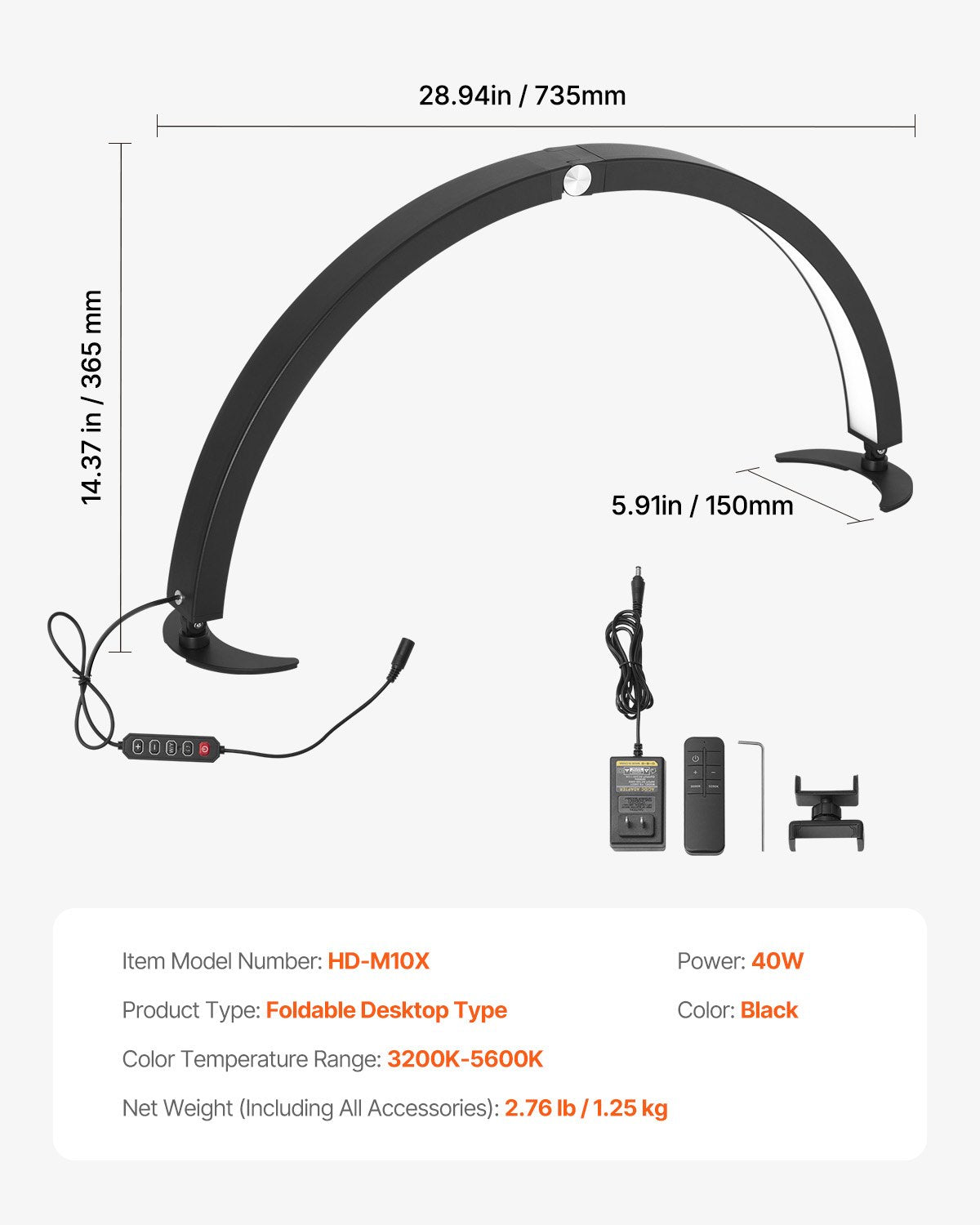 Nail Desk Light, 40 W Half Moon Desk Lamp with Phone Holder, Adjustable Brightness and Color Temperature, Arched LED Table Light for Nail Tech, Tattoo Artists, Beauty, Eyelash Extensions