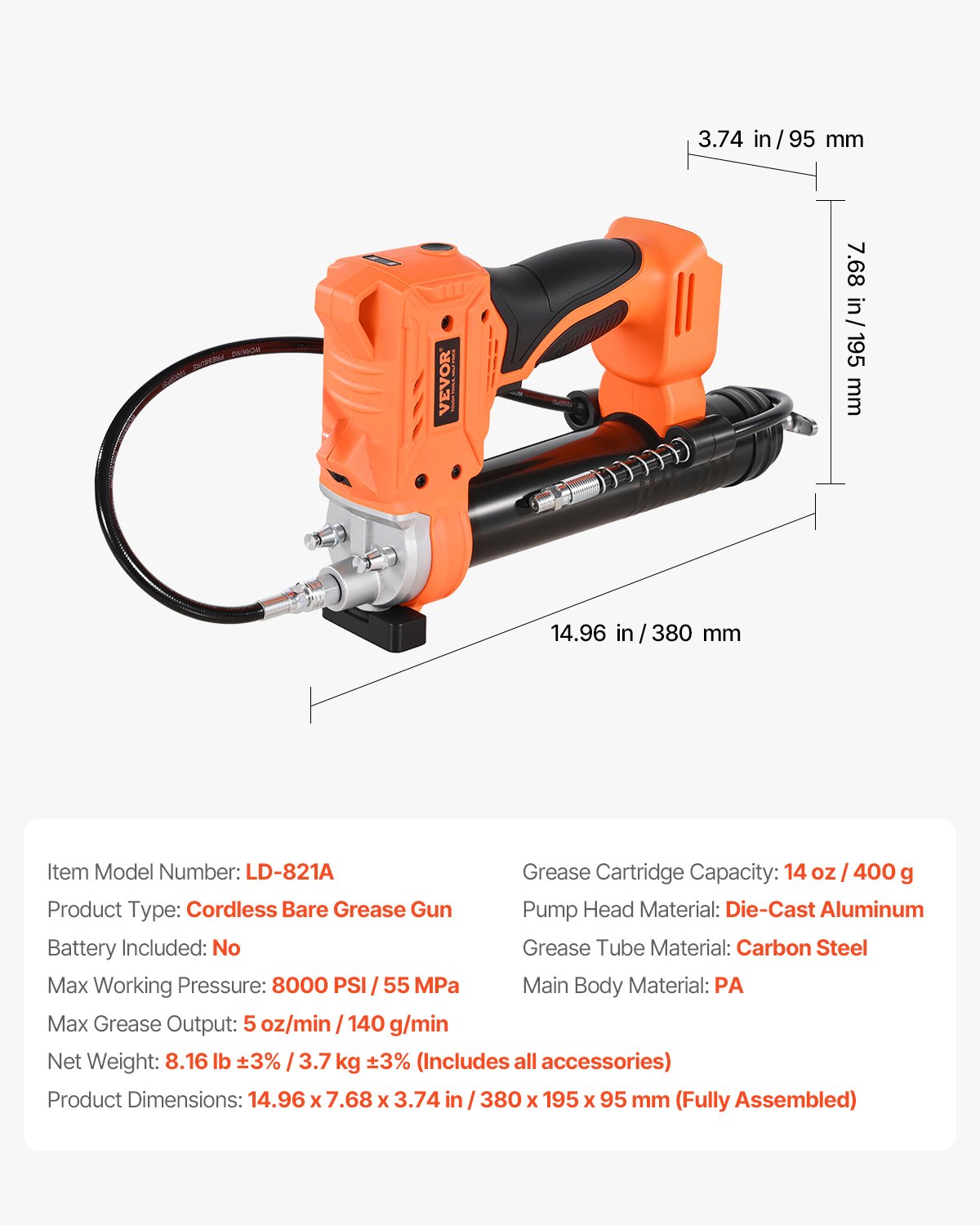 Sladdlös fettspruta, 8000 PSI maxtryck, batteridriven fettspruta med LED-lampa och 35,4-tums slang, kompatibel med 18V Makita-batterier, för smörjning av fordon eller maskiner (endast verktyg)