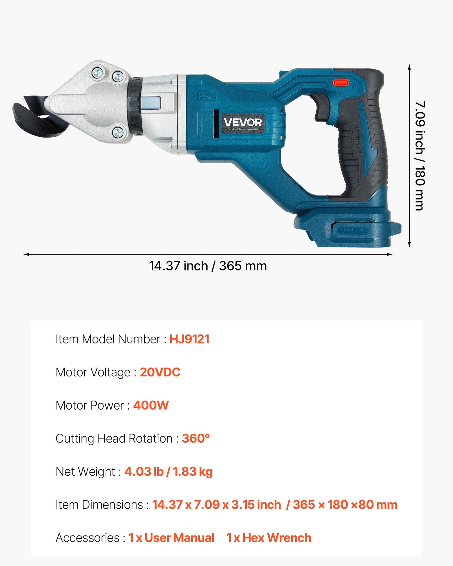 Metal Shear, Sheet Metal Cutter Cordless with 360-Degree Pivoting Head, Double Blades, 25000 RPM Speed, Cuts 1.22 mm Galvanized Steel, 1 mm Stainless Steel, Aluminum Plate, Plastic, Cardboard