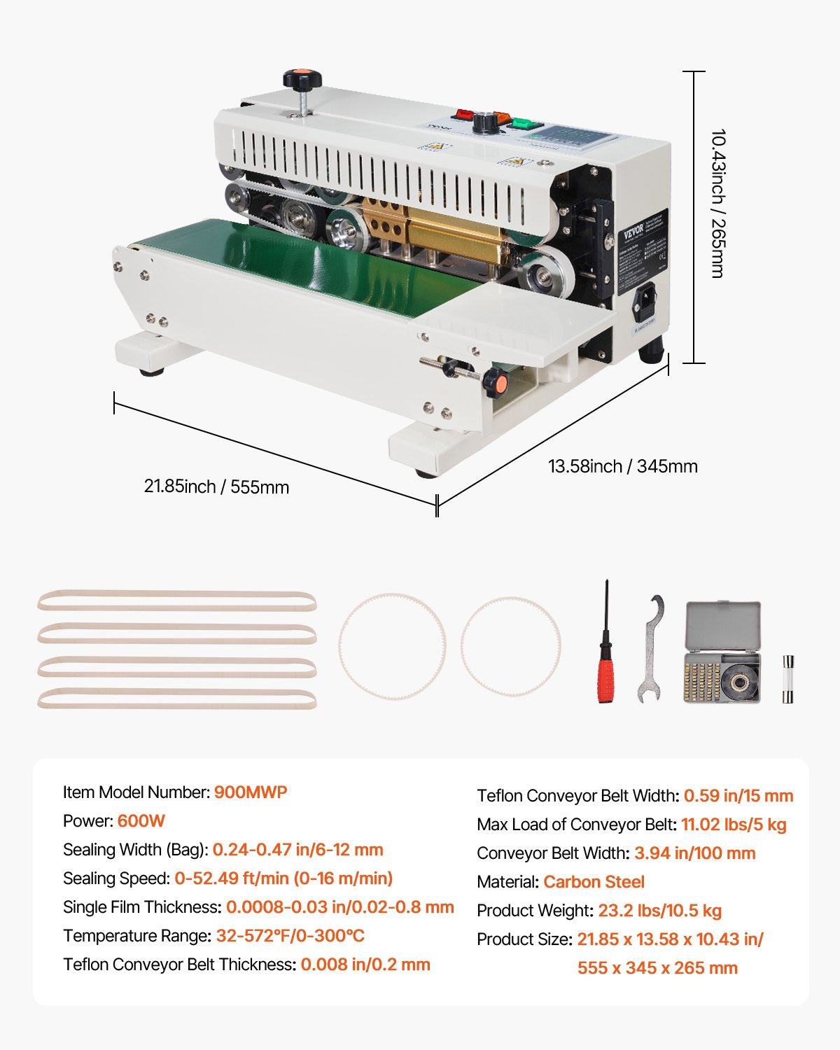 Kontinuerlig påsbandsförslutningsmaskin, 0,24-0,47 tum/6-12 mm förseglingsbredd, horisontell bandförslutningsmaskin med digital temperaturkontroll, påsförslutningsmaskin i kolstål för 0,02-0,8 mm plastpåsfilmer