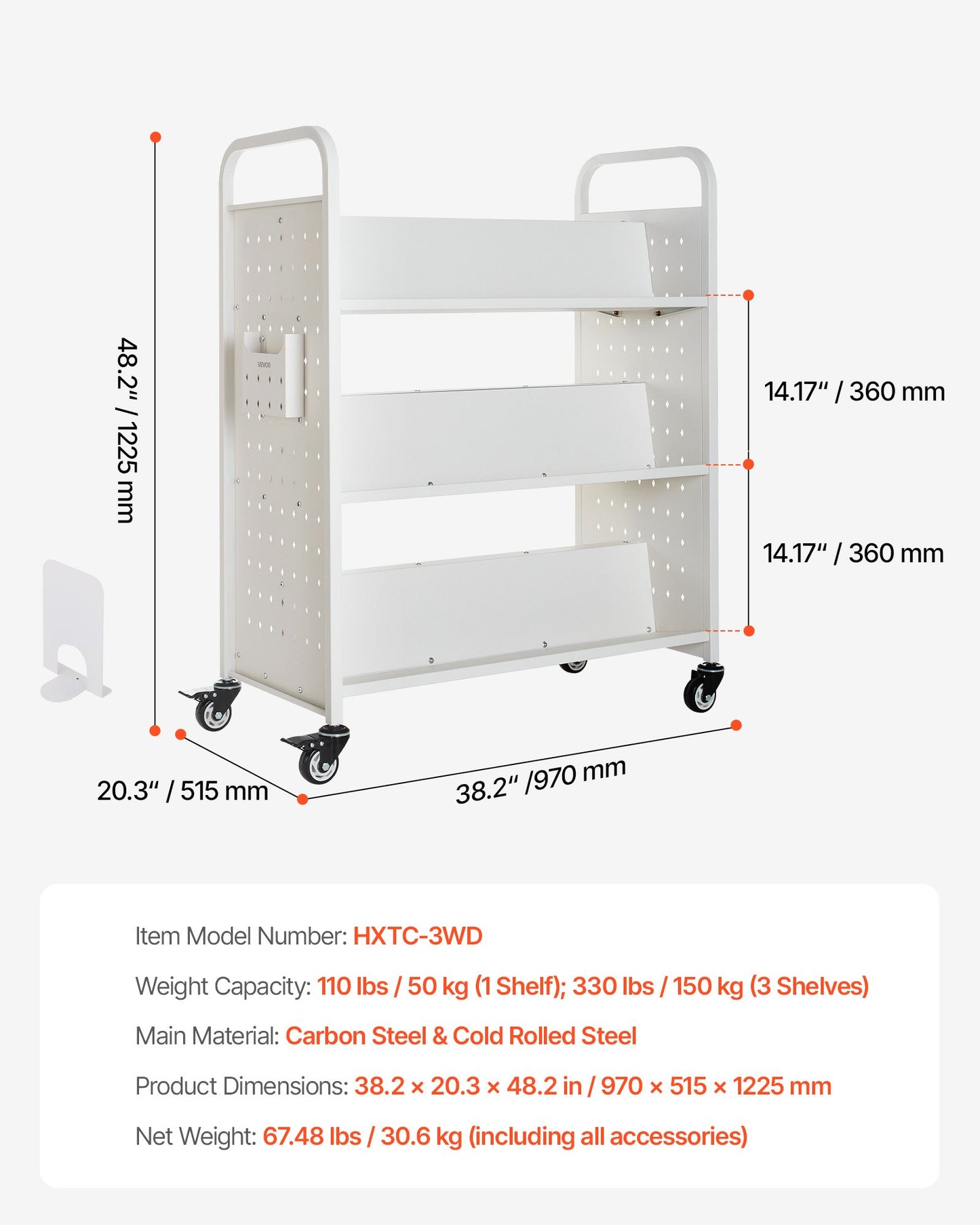 Rullande biblioteksbokvagn, 150 kg kapacitet, 97 x 51,5 x 122,5 cm biblioteksvagn, dubbelsidiga W-formade hyllor med 76,2 mm låsbara hjul, bokvagn för hemhyllor, kontor och skola, vit