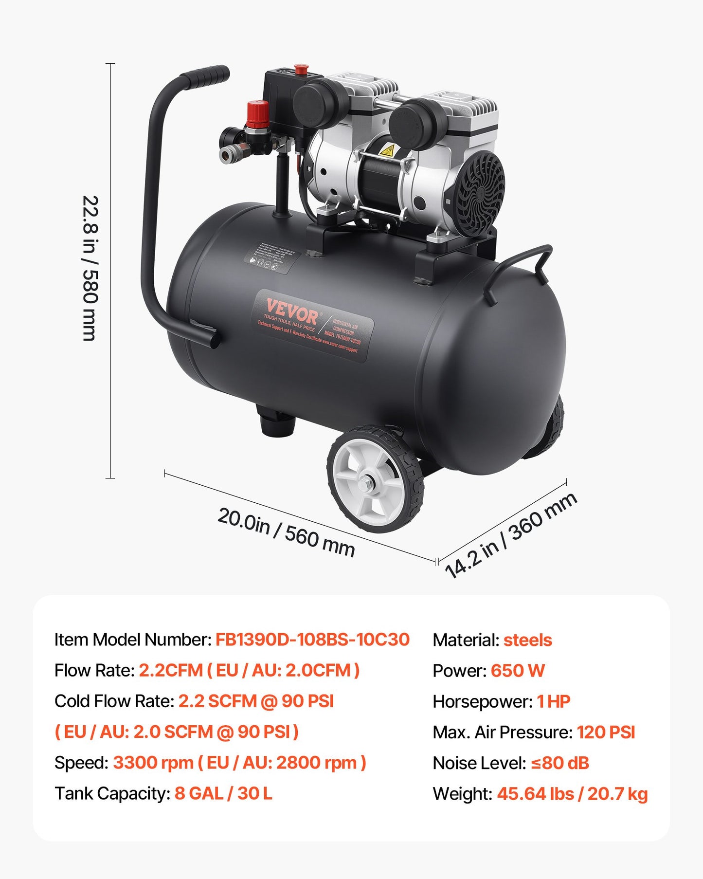Air Compressor, 8 Gallon Steel Tank, 1HP 2.2 CFM@90 PSI Oil Free Air Compressor & Max. 120PSI Pressure, 80dB Ultra Quiet Portable Compressor, for Auto Repair, Tire Inflation, Spray Painting