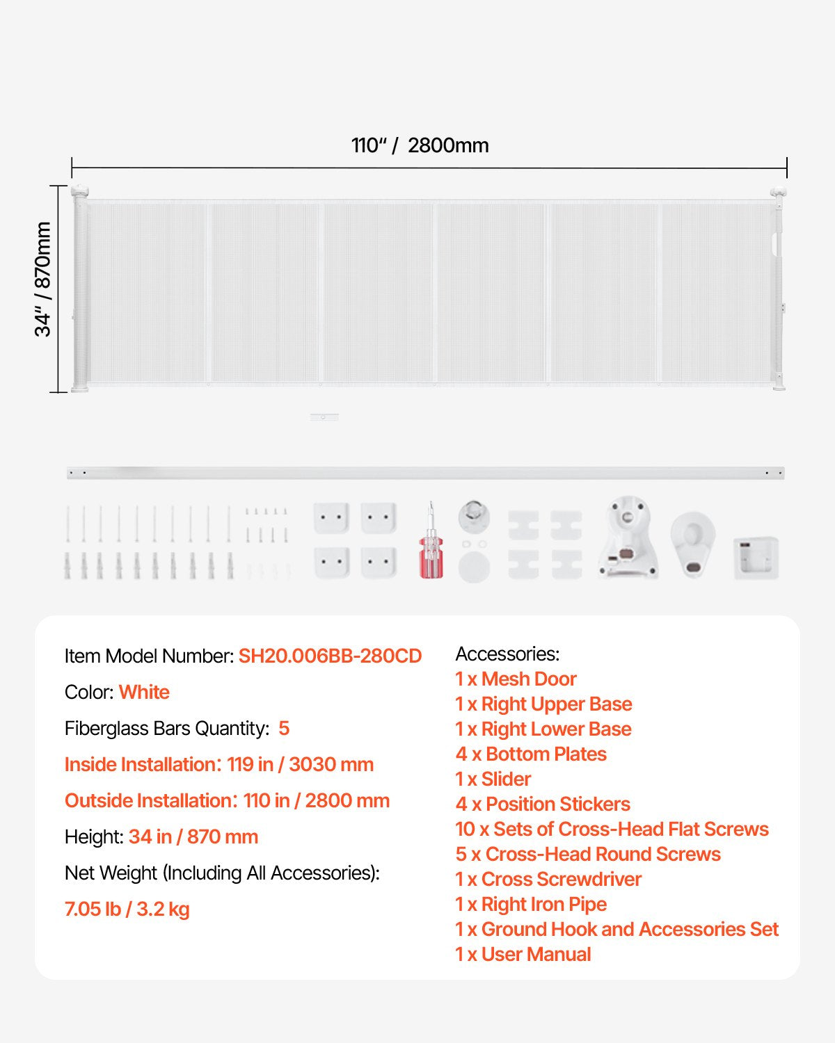 Infällbar barngrind, 870 mm hög, kan förlängas upp till 2800 mm bred, infällbar grind för barn eller husdjur, nätmaterial, enkel att installera för inomhustrappor, dörröppningar, hallar, lekrum, vit