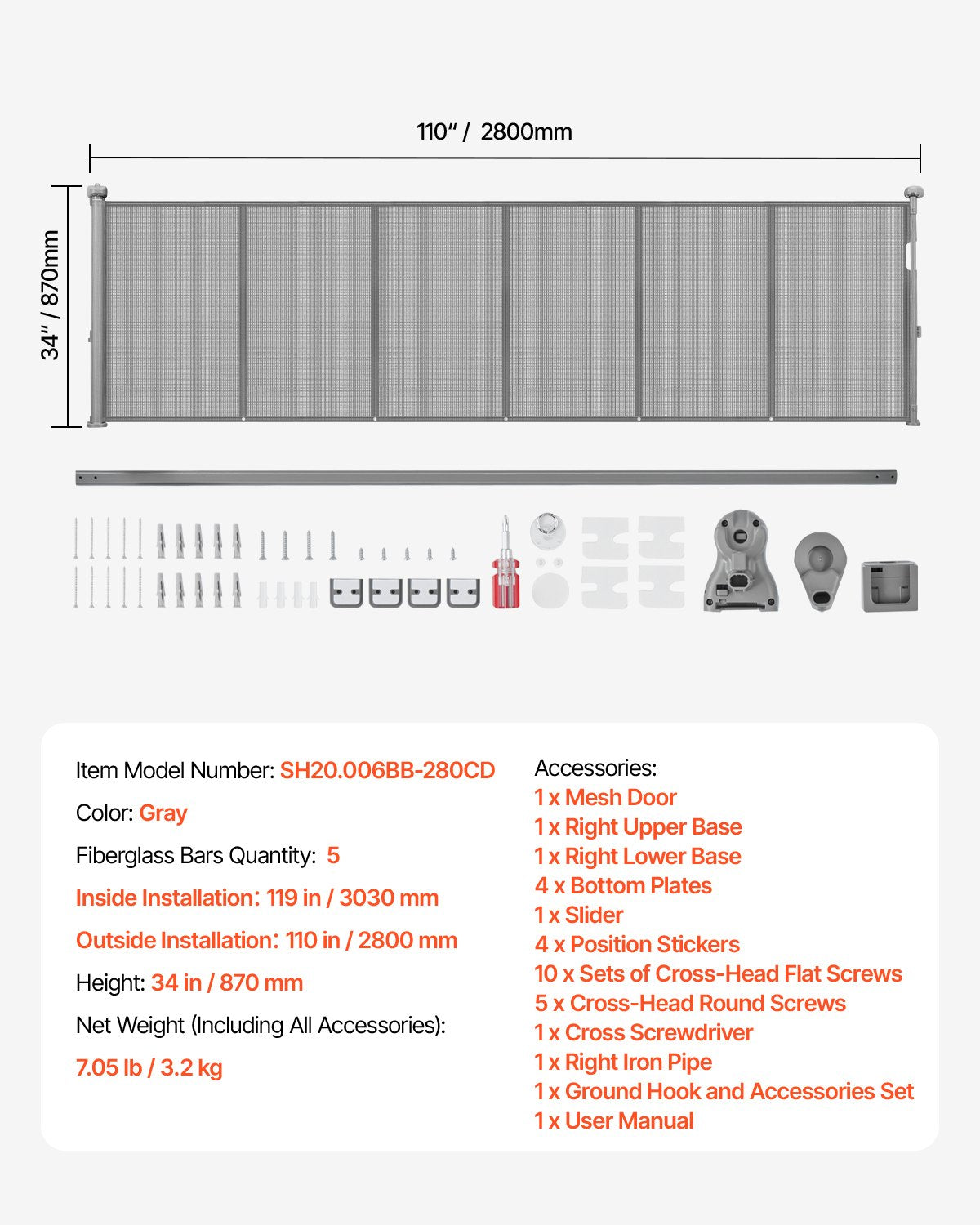 Infällbar barngrind, 870 mm hög, kan förlängas upp till 2800 mm bred, infällbar grind för barn eller husdjur, nätmaterial, enkel att installera för inomhustrappor, dörröppningar, hallar, lekrum, grå