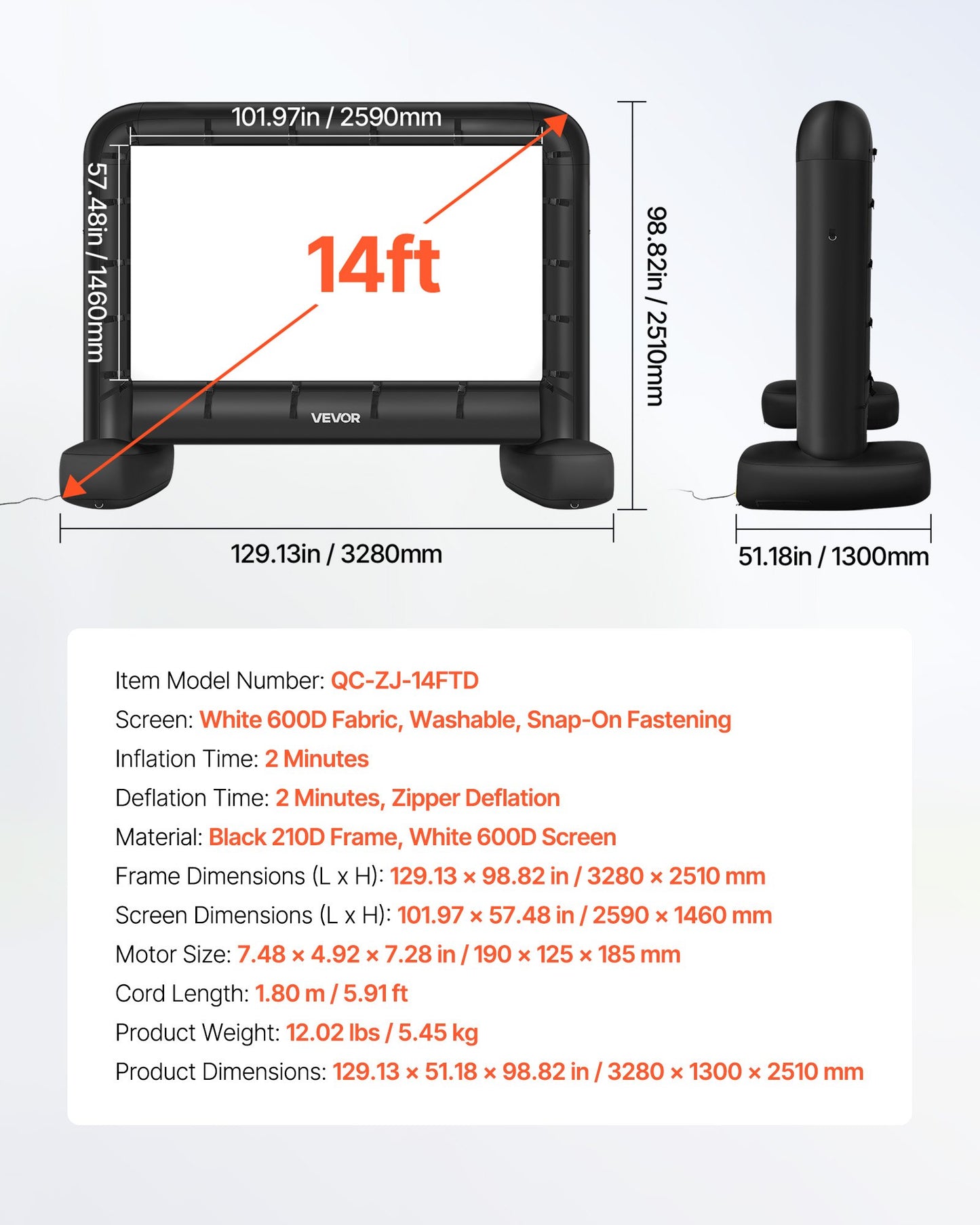 4,5 meter uppblåsbar filmduk, tvättbar uppblåsbar projektorduk i 600D med bärbar förvaringsväska, enkel att installera 16:9 filmprojektion för utomhusbruk, hemmabio, temafest, poolkul