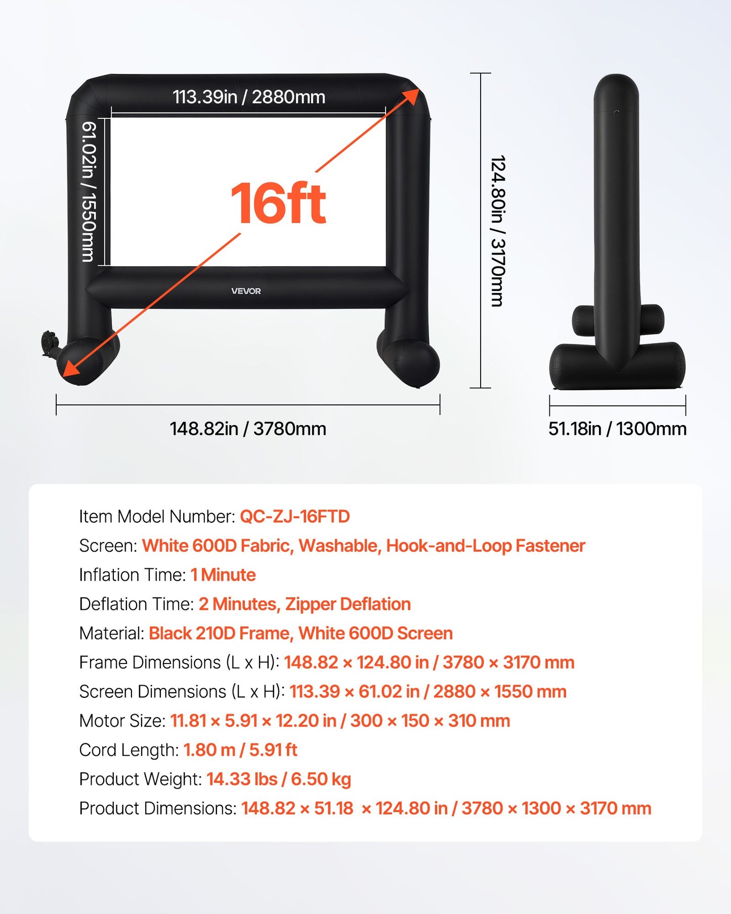 16 fot uppblåsbar filmduk, 600D tvättbar uppblåsbar projektorduk med bärbar förvaringsväska, 16:9 enkel att installera filmprojektion för utomhusträdgård, hemmabio, temafest, poolkul