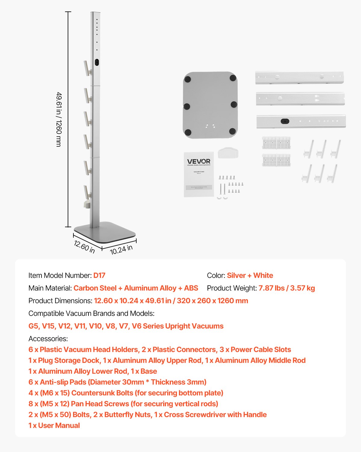 Dammsugningsställ, kompatibelt med Dyson G5 V15 V12 V11 V10 V8 V7 V6-serien, upprättstående dammsugare och tillbehör, stabilt dammsugningsställ med 6 krokar och halkfria fotplattor, grå