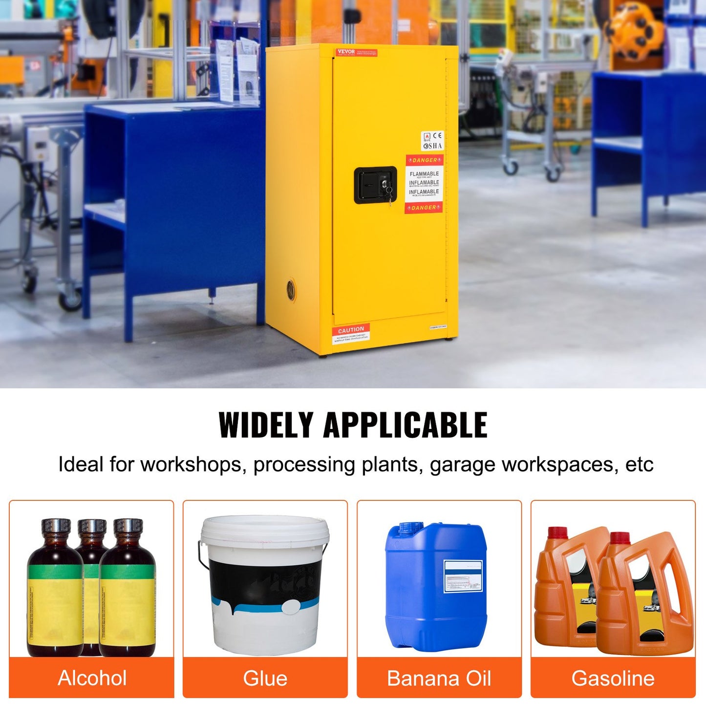 Flammable Safety Cabinet, 60 L, Cold-Rolled Steel Flammable Liquid Storage Cabinet, 46 x 46 x 90 cm Explosion Proof with 2 Adjustable Shelves 1 Door for Commercial Industrial Use, Yellow