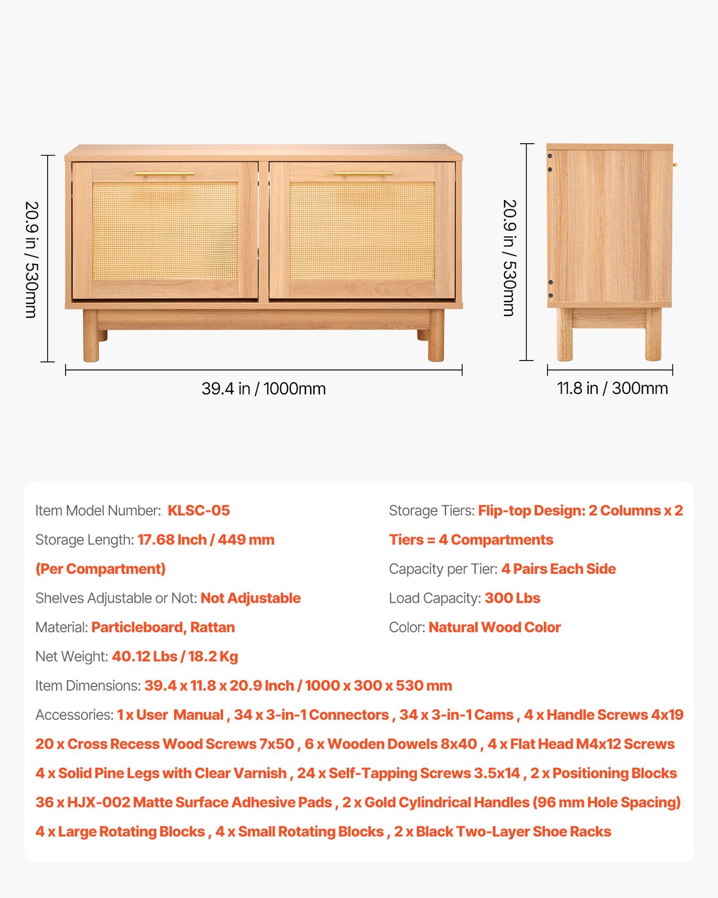 Entryway Shoe Bench, 1000 x 300 x 530 mm Rattan-Like Shoes Bench with 2 Flip Drawers, 300lbs Shoe Storage Rack with 4 Compartments and 2 Rattan Doors, for Hallway, Living Room, Bedroom