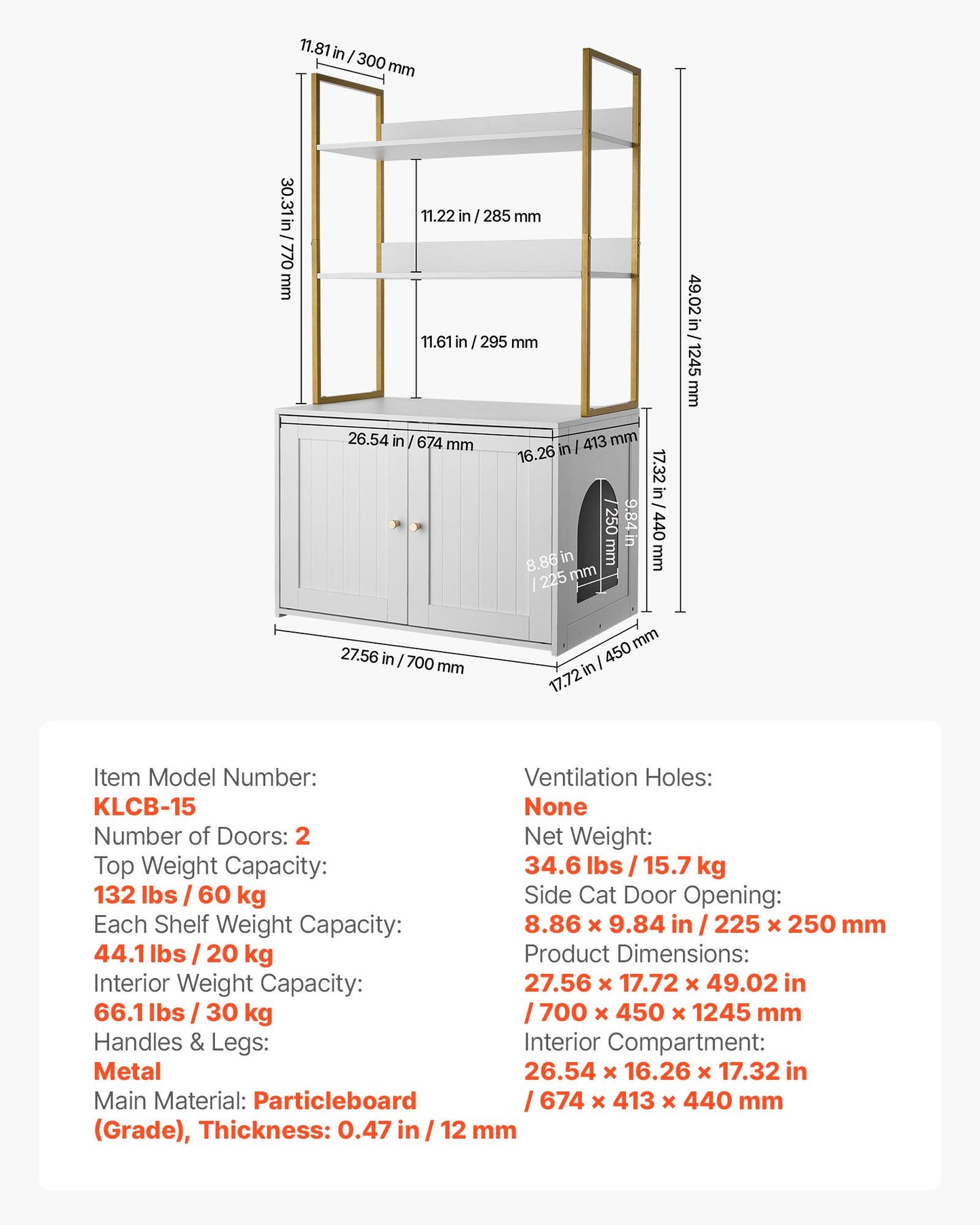Cat Litter Box Enclosure Furniture, 70 cm Hidden Litter Box Cabinet with Metal Legs & 2-Tier Storage Shelves, Waterproof Cat Washroom Cat House, Fit Most of Litterbox, for Living Room
