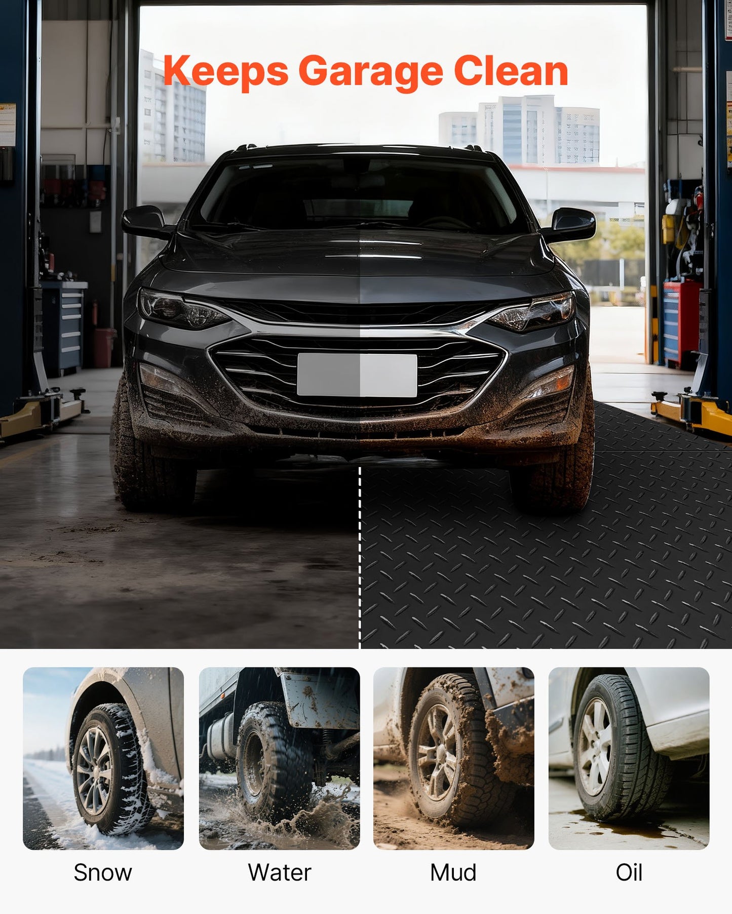 Garage Floor Roll, 1.22 x 7.62 m Garage Flooring Mat, 3 mm Thickened Rubber Diamond Plate Floor Protector Mat, Non-Slip, Wear-resist Waterproof, Easy to Clean for Warehouse, Gyms, Trailer, Black