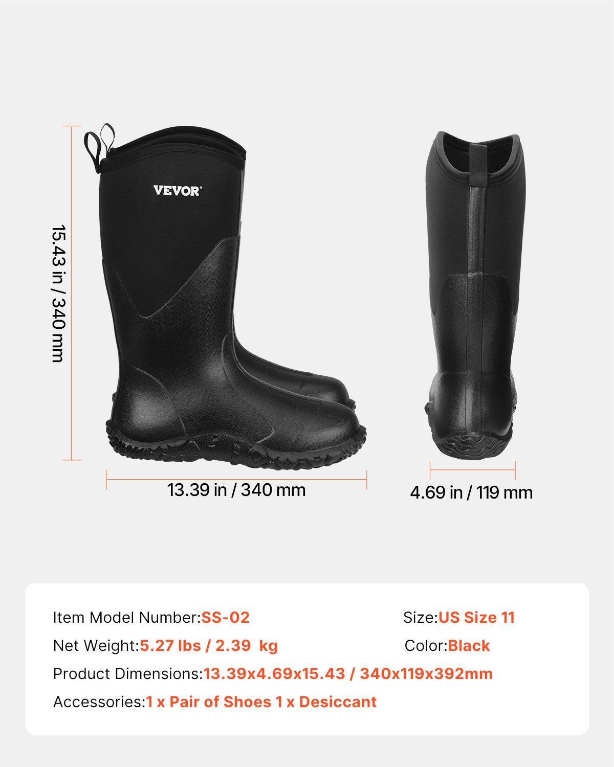 Men's Rubber Boots, Protective Footwear, Waterproof Anti Slip Hunting Boots, Gardening Insulated Mud Boots, Protective Footwear, Lightweight & Durable, for Manufacturing, Farming, Size 11 US