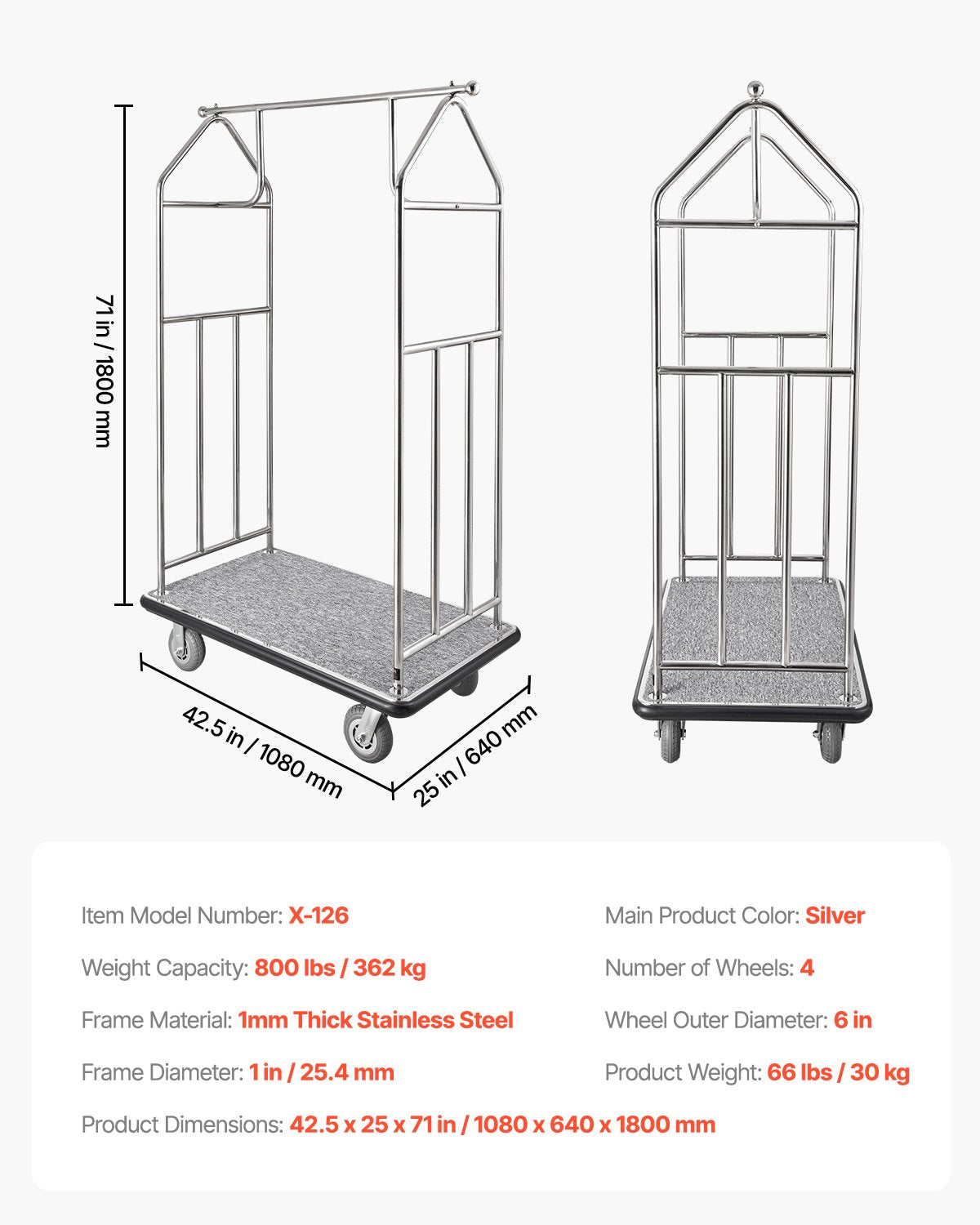 Hotel Luggage Cart, 800 LBS Load Capacity, Brushed Stainless Steel Finish Bellman's Cart, Valet Cart with Grey Carpeted Deck and 6-inch Rubber Wheels, Ideal for Hotels, Condos, Resorts, Silver