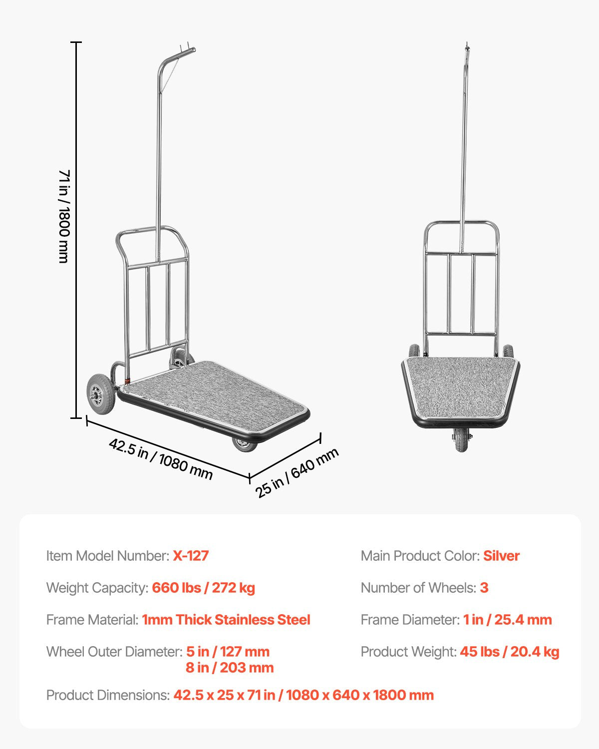 Bagagevagn, 600 kg lastkapacitet, 3-hjulig bellmanvagn i rostfritt stål, betjänad vagn med grått heltäckningsmatta och gummihjul, perfekt för kongresscenter, hotell, uthyrningsfastigheter, silver