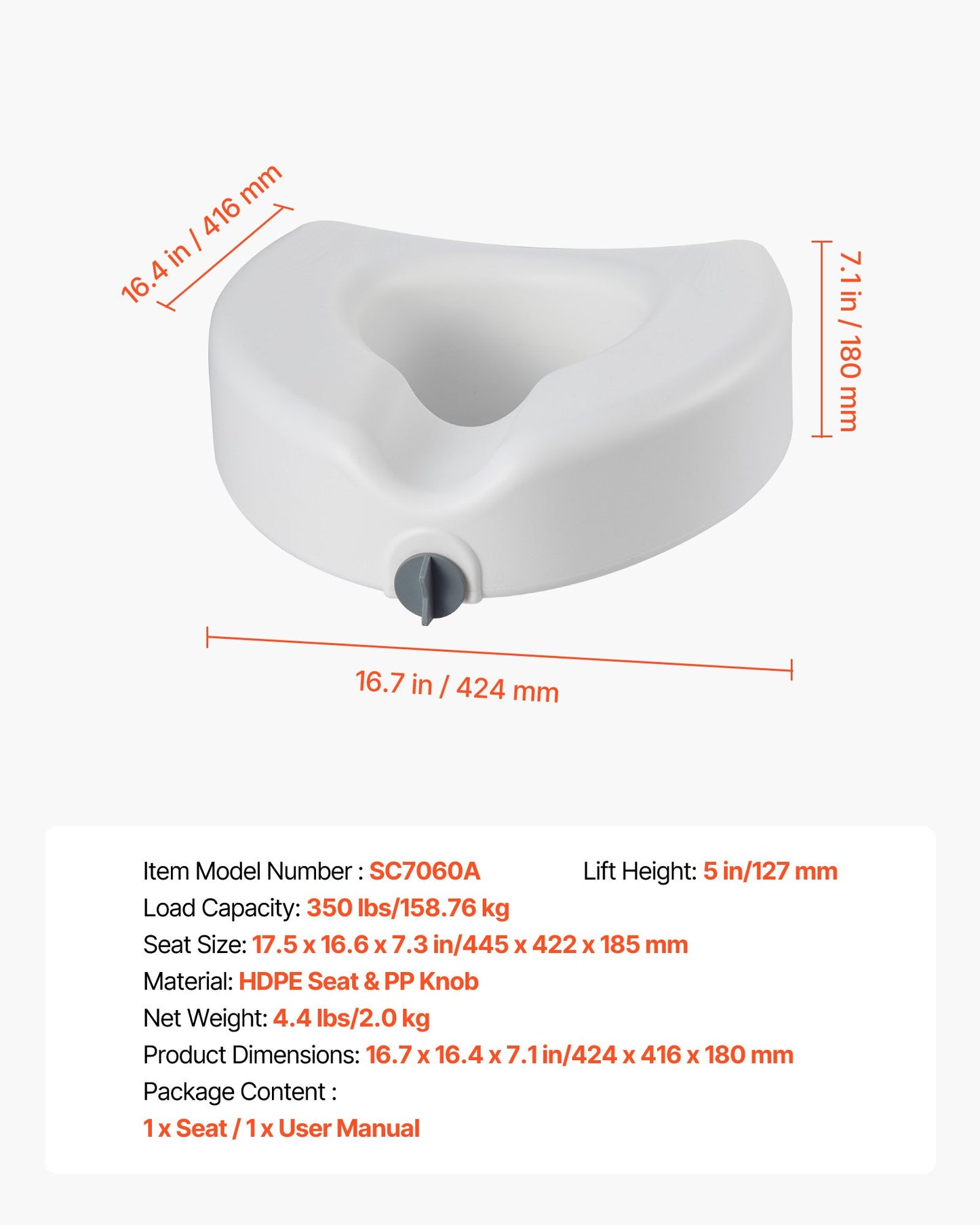 Raised Toilet Seat, 158.8 kg Capacity, 127 mm Lift Height, Commode Elevated Toilet Seat Riser with Enlarged Opening for Seniors, Elderly, Handicap, Disabled, Adults, Fits Elongated & Round Bowl