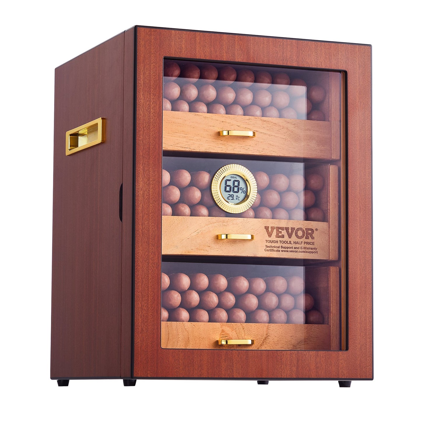Cigarrhumidorskåp, handgjord cigarrhumidor i spansk cederträ för 100-150 cigarrer, förvaringsfodral för cigarrer i glas med digital luftfuktare, hygrometer, hyllor och handtag, utmärkt present till män
