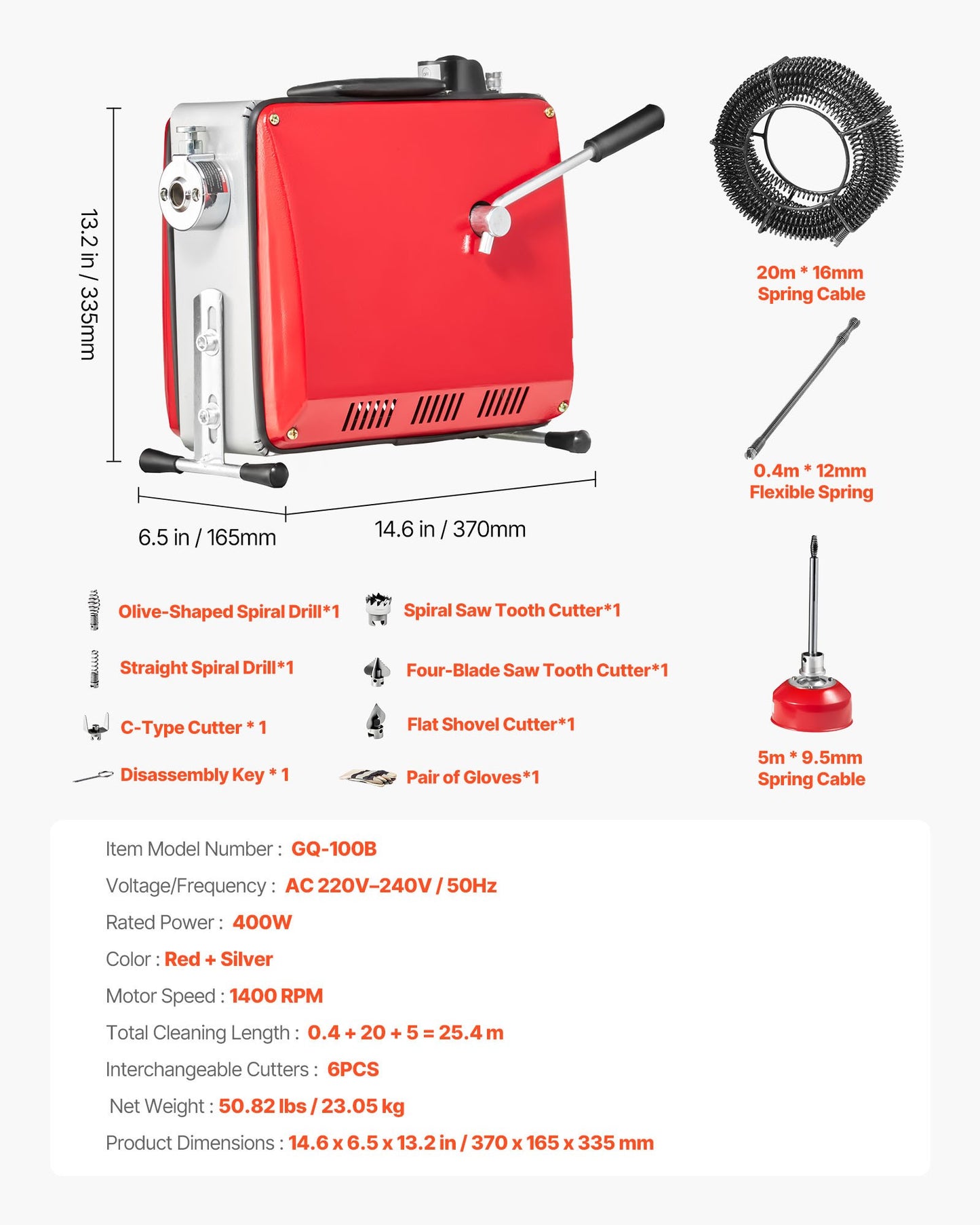 Avloppsrensningsmaskin, 400W 1400 RPM elektrisk rörrensningsmaskin för avlopp med slang med 20m x 16mm, 5m x 9.5mm och 0.4m x 12mm stålfjädervajer och 6 avbitartänger, passar rör med 50-110 mm diameter