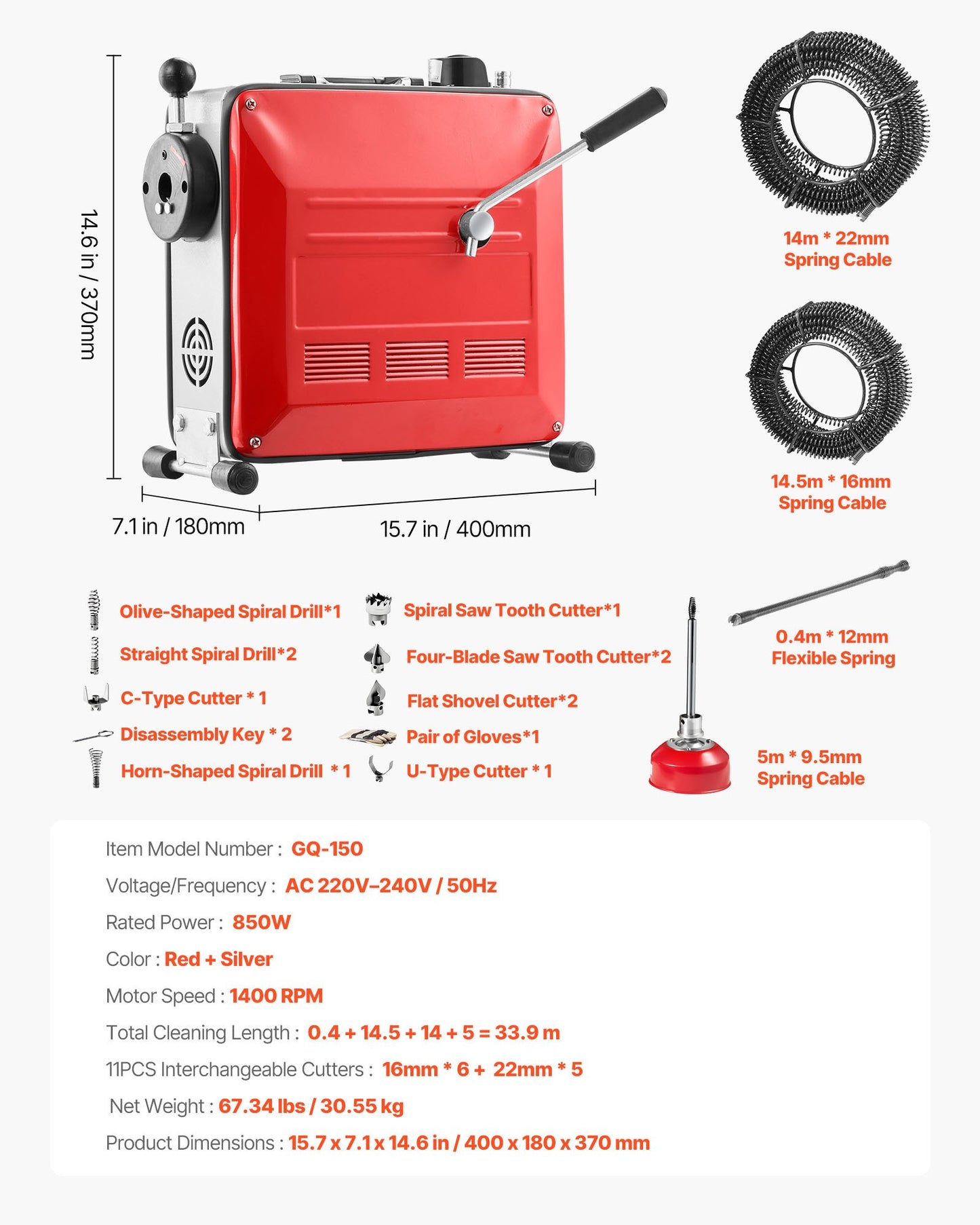 Drain Cleaner Machine, 850W Electric Pipe Drain Cleaning Machine Sewer Snake with 14.5m x 16mm, 14m x 22mm, 5m x 9.5mm, 0.4m x 12mm Steel Spring Cable & 11 Cutters, Fit 50-200 mm Diameter Pipes