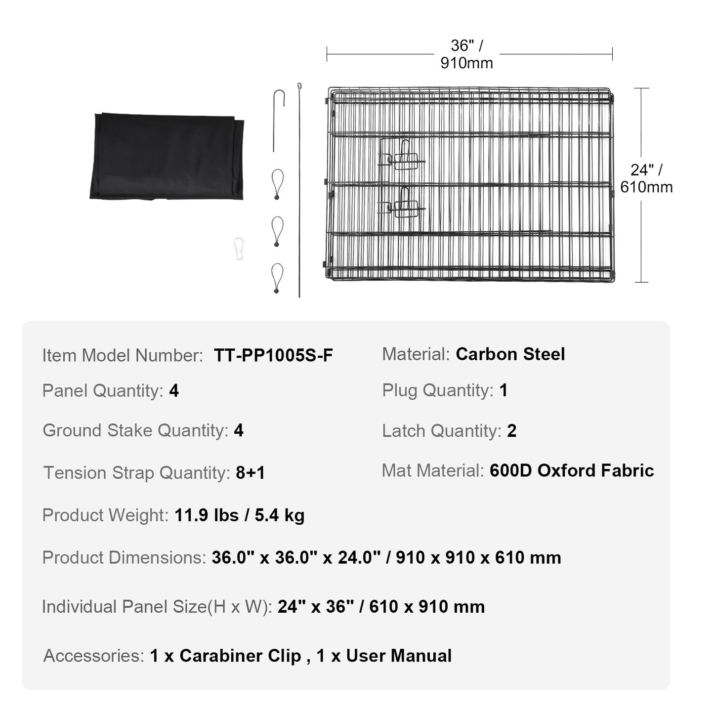 Hundlekhage, 4 st. 24 x 36 tum paneler vikbar metallträningshage för husdjur, hundstaket för inomhus och utomhusbruk med dörr och bottenplatta i 600D Oxfordtyg, för hundar, katter och andra smådjur