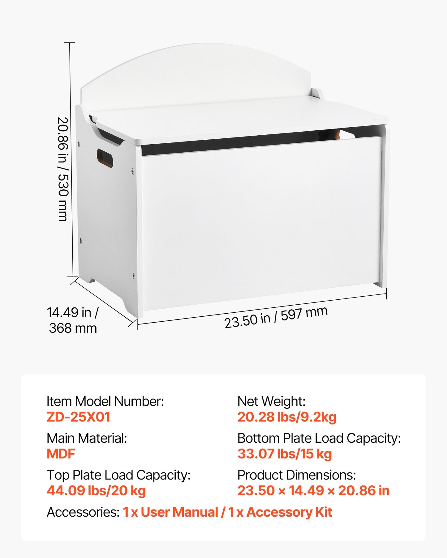 Kids Storage Bench, Wooden Toy Box Chest with Backrest, Large Storage Cabinet with Safety Hinge, Toddlers Storage Bench for Playroom, Living Room or Entryway, 597 x 368 x 545 mm, White