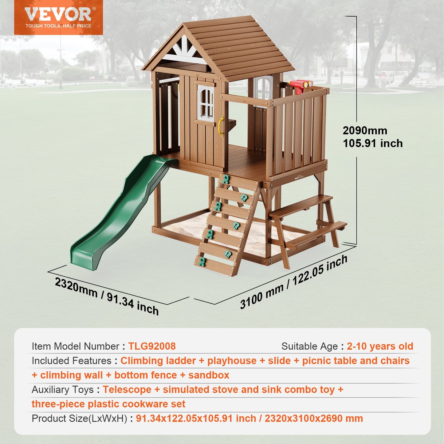 Outdoor Wooden Playhouse, Modern Cedar Playhouse for Age 2-8 Years Kids, Garden Games Cottage, Country Style Cedar Playhouse with Slide, Ladder, Climbing Wall, Windows, Picnic Table and Bench