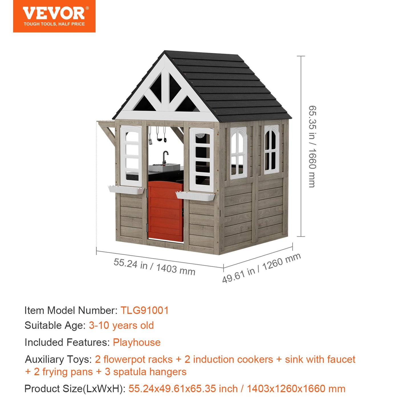 Outdoor Wooden Playhouse, Modern Cedar Playhouse for Age 2-10 Years Kids, Garden Games Cottage, Country Style Cedar Playhouse with Working Door, Window, Flower Pot Holder, Grill, Stove, and Sink