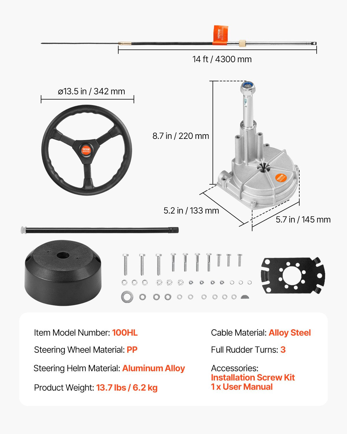 Outboard Steering System Kit, 14' Boat Steering Cable, Standard 3/4" Tapered Shaft, 13.5" Steering Wheel, Alloy Marine Steering System, for Yachts, for Yachts, Fishing Boats, And Others