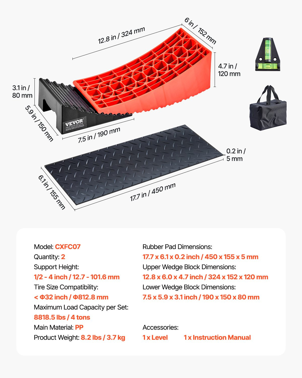 Husbilsnivåutjämnare, 2 st. nivåutjämnande block för husbilar, upp till 8818,5 kg hjulklossar för husbilar, max. 4" nivåutjämnande höjd, kraftiga böjda nivåutjämnare, nivåutjämnande kit för husbilar med halkfri matta, bärväska och vattenpass