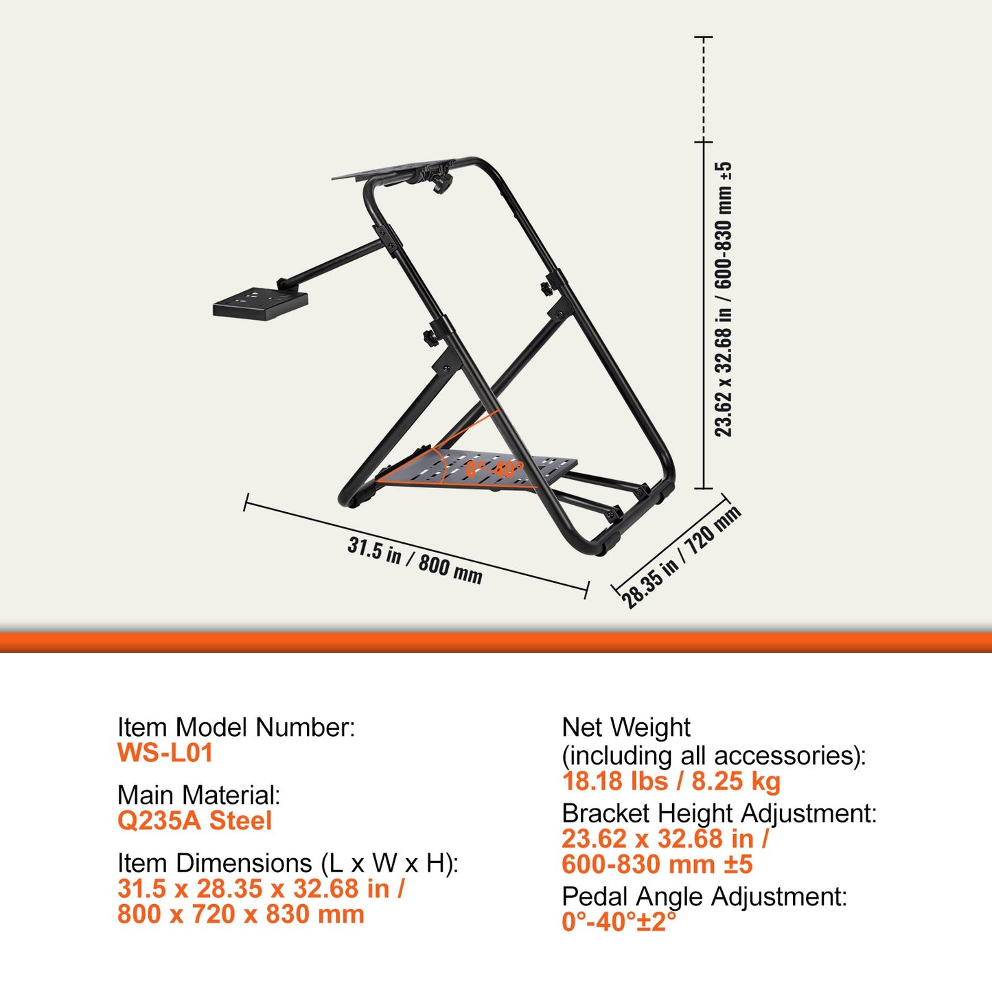 Hopfällbart racingrattstativ, höjdjusterbar universalbas kompatibel med Logitech och Thrustmaster racingratt och pedal, kraftig ram standard GT/Formula-säten bärbara