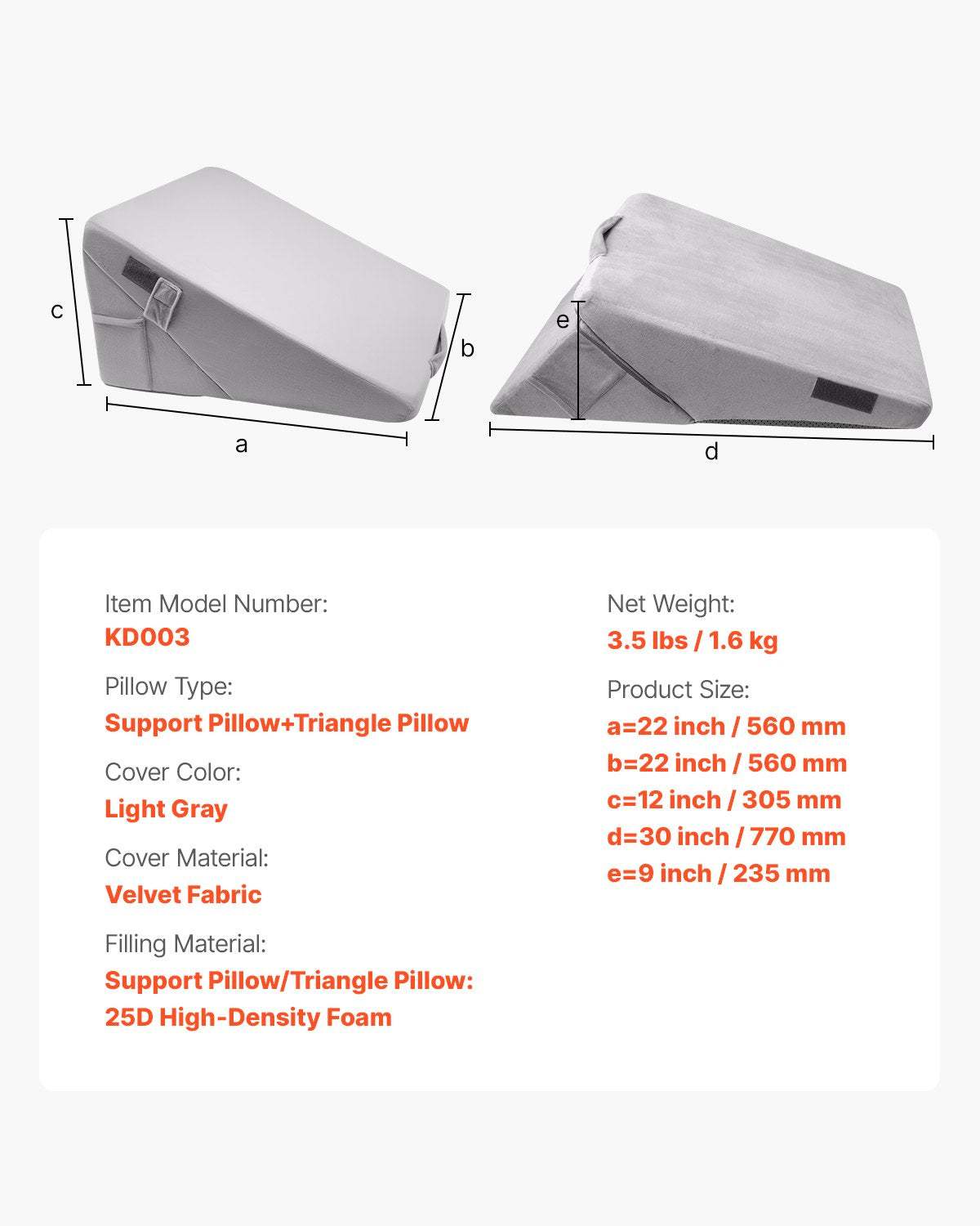 Kilkudde för sömn, justerbar ortopedisk sängkil, 25D högdensitetsskumfyllning och mjukt tvättbart överdrag, postoperativ kudde för sura uppstötningar, ryggsmärtor, snarkningslindring, ljusgrå