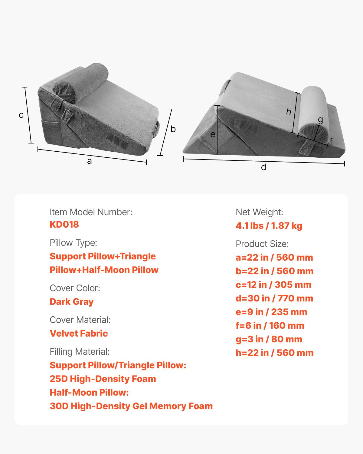 Kilkudde för sömn, 3 delar justerbar ortopedisk kilkudde, med tvättbart överdrag och skumstöd, postoperativ kudde för sura uppstötningar, ryggsmärtor, snarkningslindring och GERD, mörkgrå