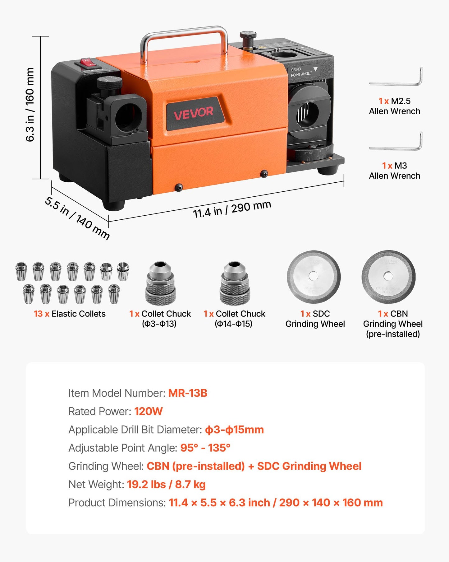 Drill Bits Sharpener MR-13B, 3-15mm Drill Bit Grinder Sharpener with Adjustable Lip Relief Angle & 95°-135° Point Angle, 4600RPM High Speed Re-Sharpener with 13 Collets, CBN & SDC Wheels