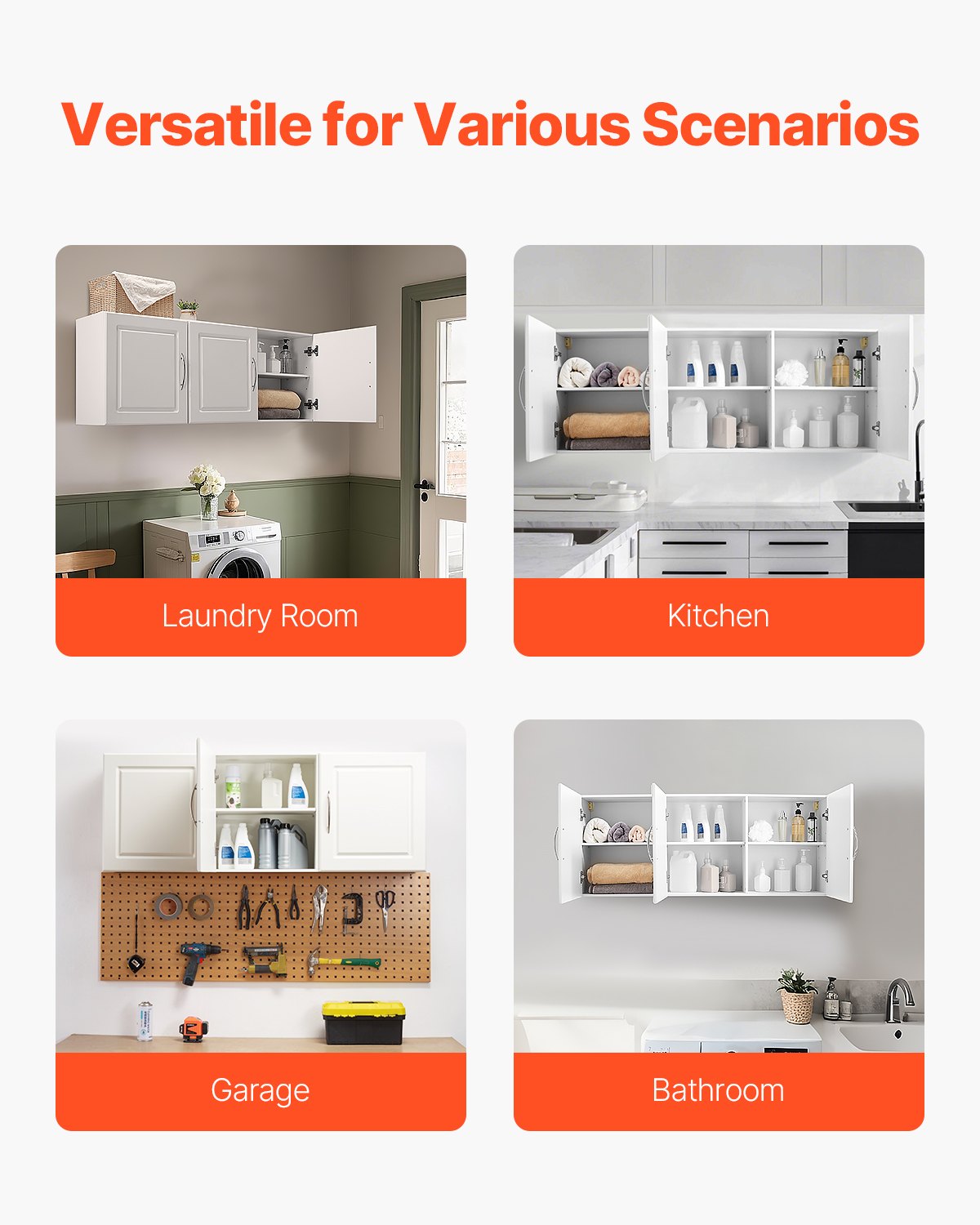 Laundry Room Wall Cabinet, 2-Tier Wall Mounted Hanging Cabinet with 3 Doors, Cupboard Organizer with Adjustable Shelf, for Kitchen, Garage, Laundry, 12.44 x 54 x 20.31 in (D x W x H), White