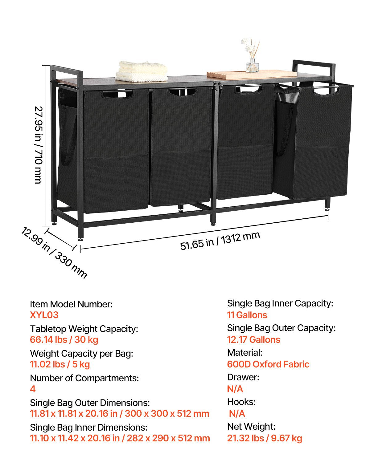 4-delad tvättkorg, stor tvättkorg med metallram och träbordsskiva, fristående förvaringskorgar med utdragbara 600D Oxford-tygpåsar för smutsiga kläder, badrum