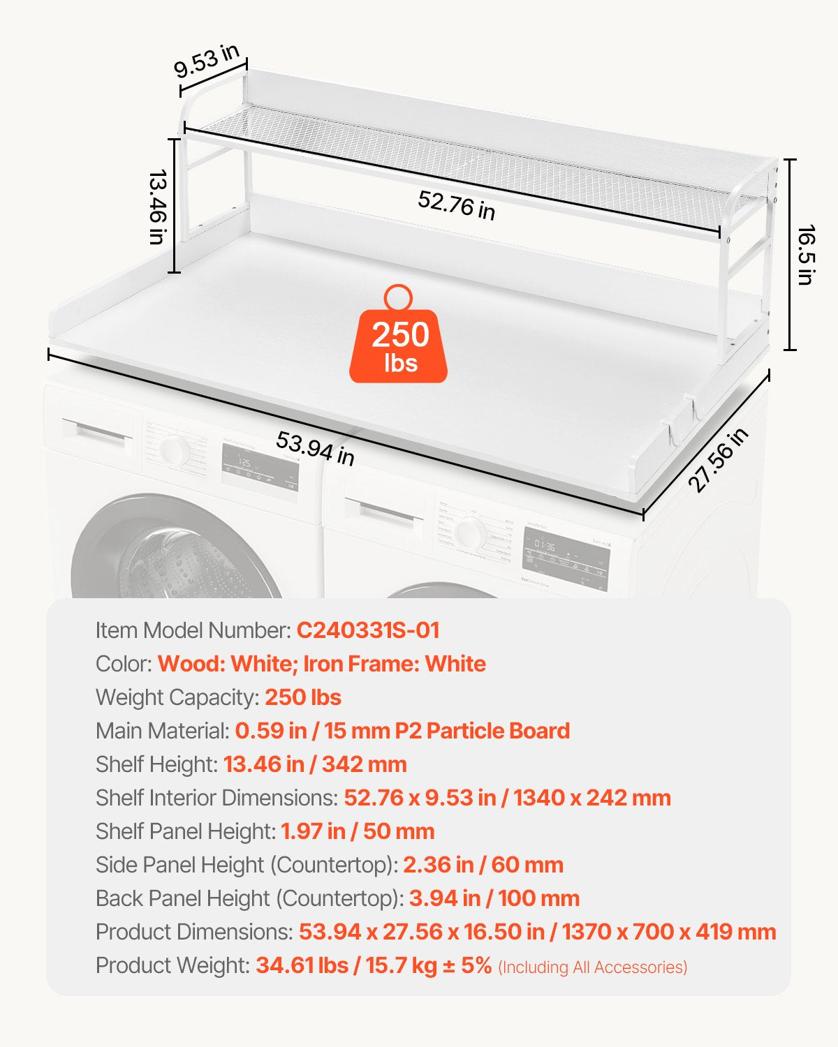 Bänkskiva för tvättmaskin/torktumlare med hyllplan i två nivåer, 136 x 61 cm träbänkskiva för tvättmaskin och torktumlare med halkfria dynor, vattentåligt tvättöverdrag för organisering och förvaring av tvättstugan, vit