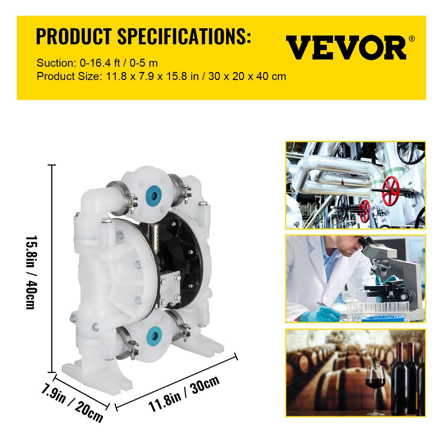 Luftdriven dubbelmembranpump 25,4 mm (1 tum) Inlopp/utlopp 113 l/min (30 GPM) Polypropylen Max 8 bar (120 PSI) för kemisk och industriell användning