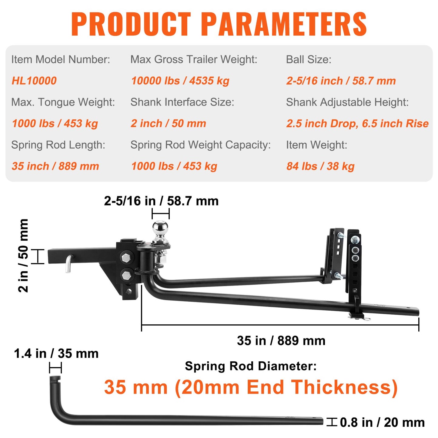 Weight Distribution Hitch, 1,000 lbs Weight Distributing Hitches Kit with Sway Control for Trailer, 2-In Solid Steel Shank, 2-5/16 in Alloy Steel Ball, Powder Coated Load Leveling Hitch, Black